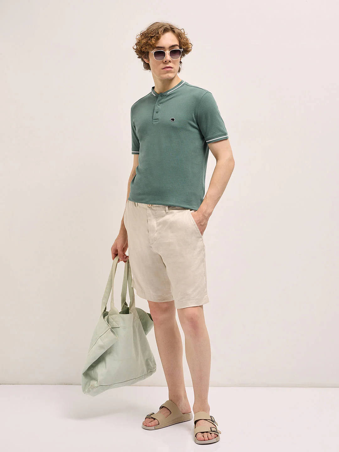 Men Pastel Green Solid Ribbed Collar - Image 4