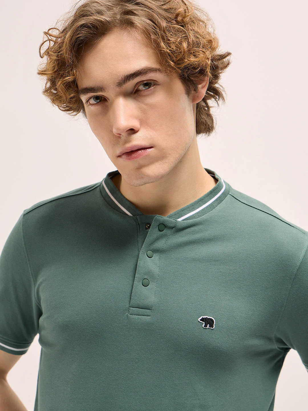 Men Pastel Green Solid Ribbed Collar - Image 5