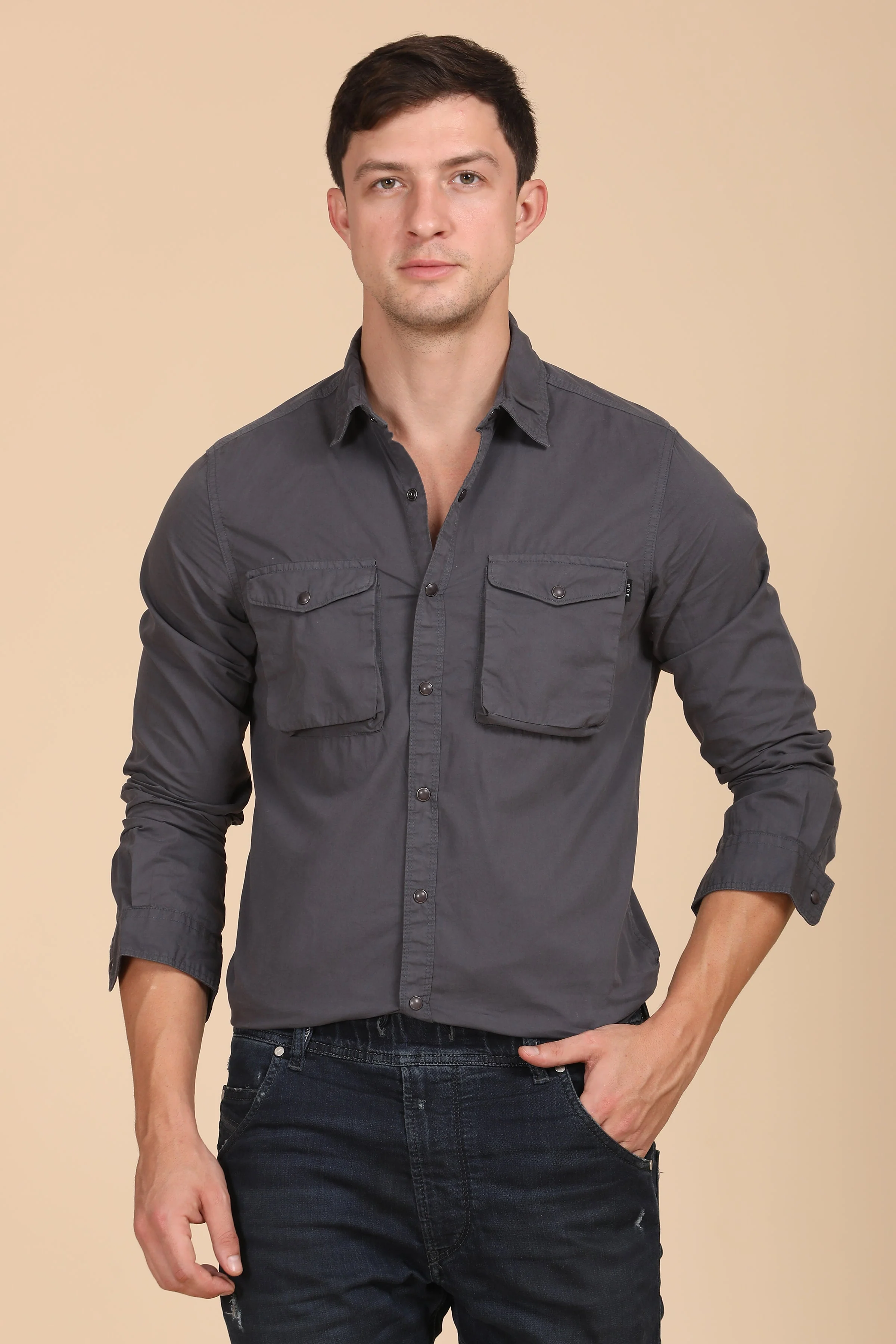 Men Patric Cotton Cargo Shirt Grey - Image 3