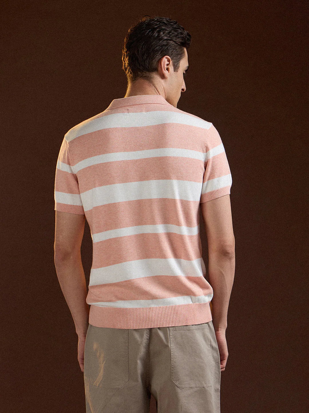 Men Peach Striped Slim Fit Polo - Image 2