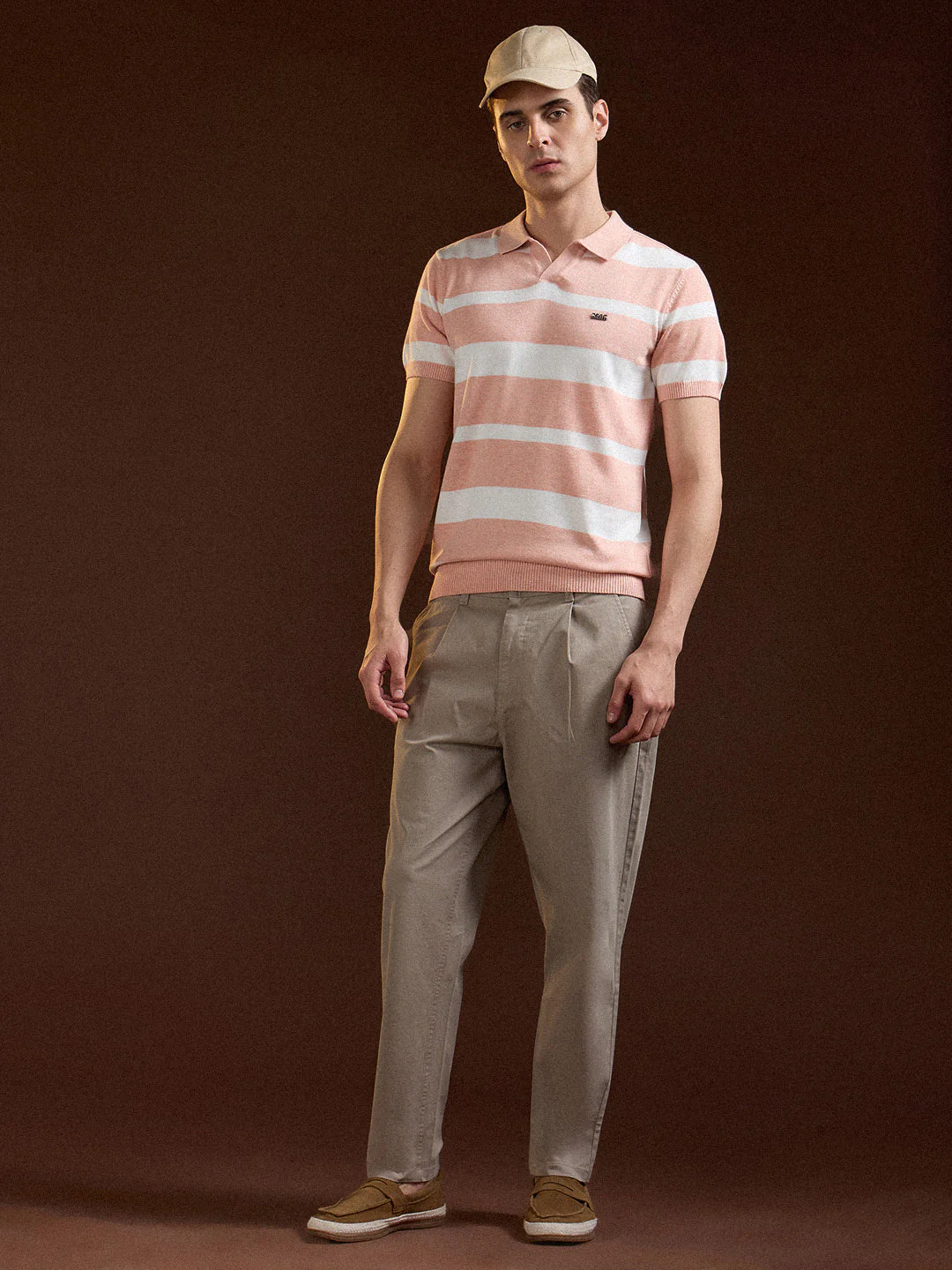 Men Peach Striped Slim Fit Polo - Image 4