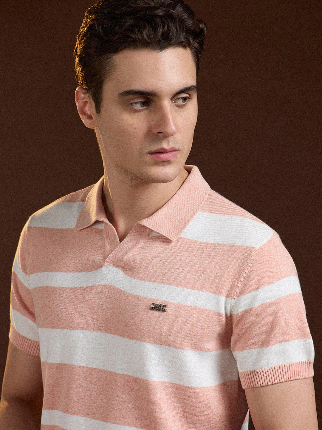 Men Peach Striped Slim Fit Polo - Image 5