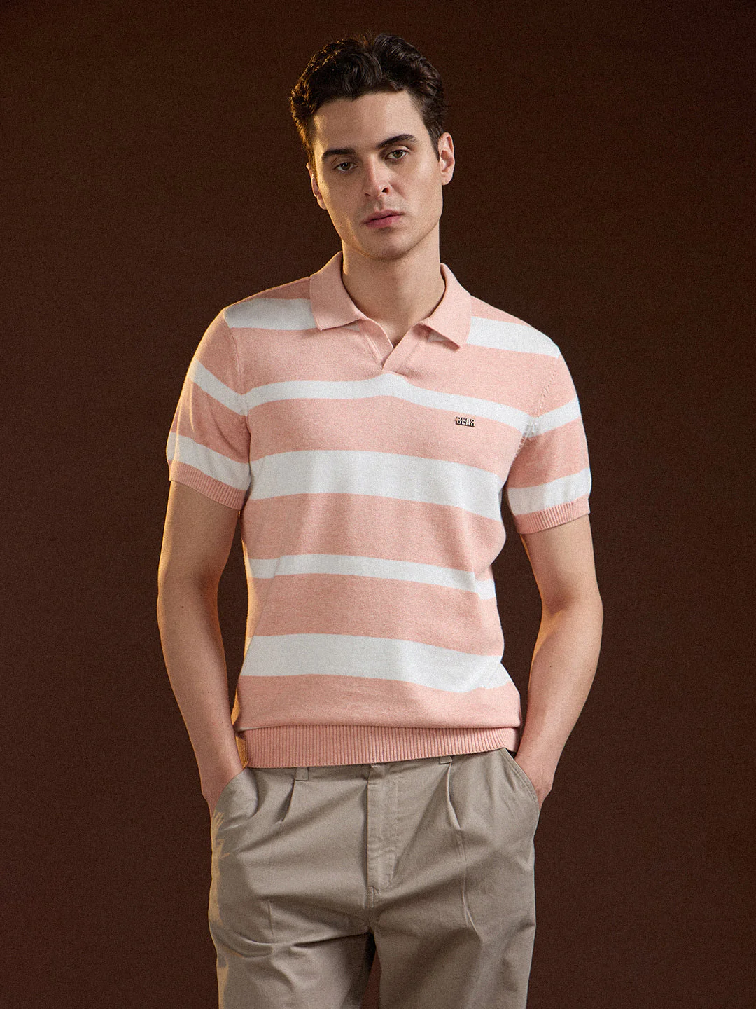 Men Peach Striped Slim Fit Polo - Image 6