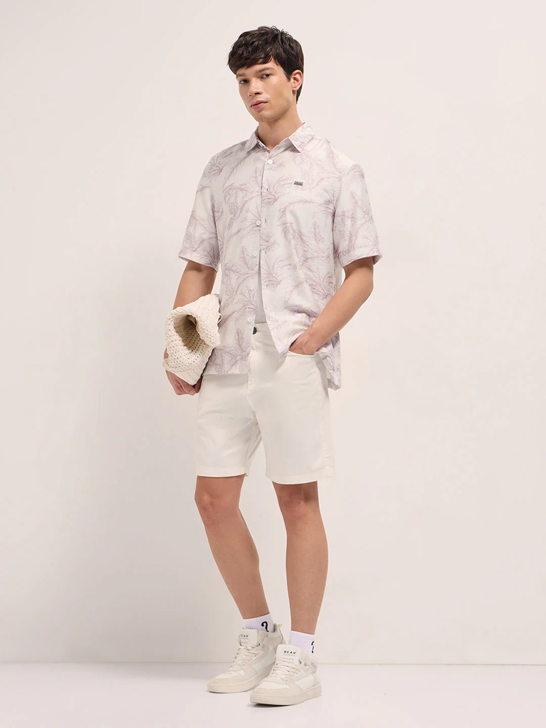 Men Peach and White Leafy Botanical Print Relaxed Fit Casual Shirt - Image 4