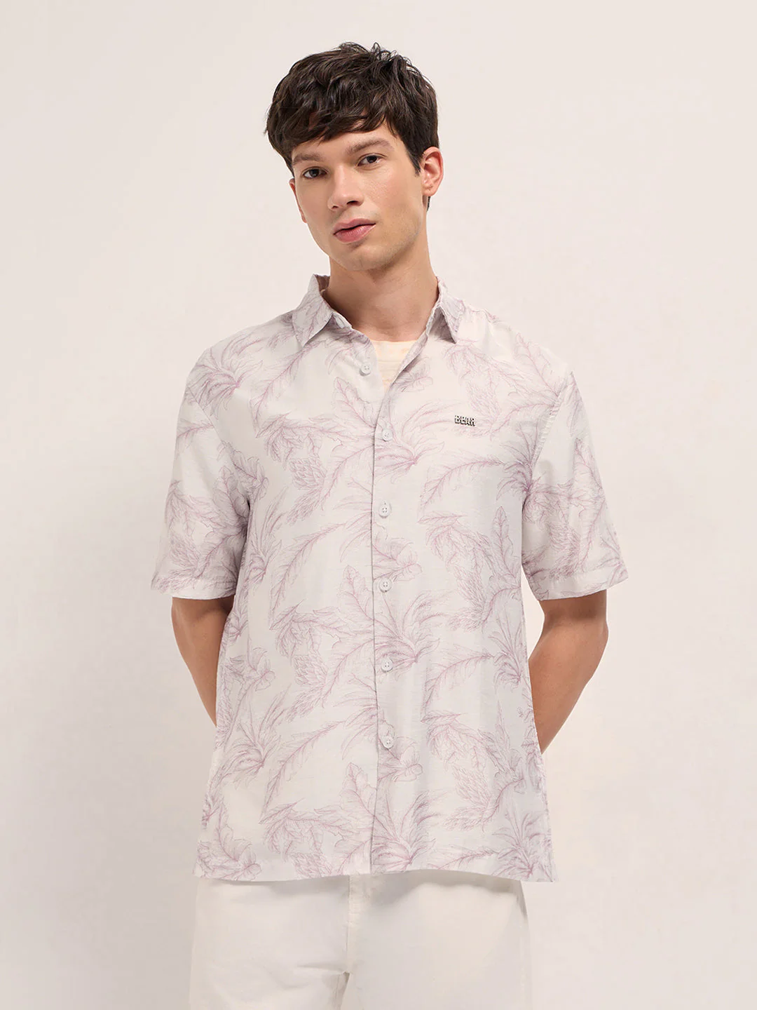 Men Peach and White Leafy Botanical Print Relaxed Fit Casual Shirt - Image 6