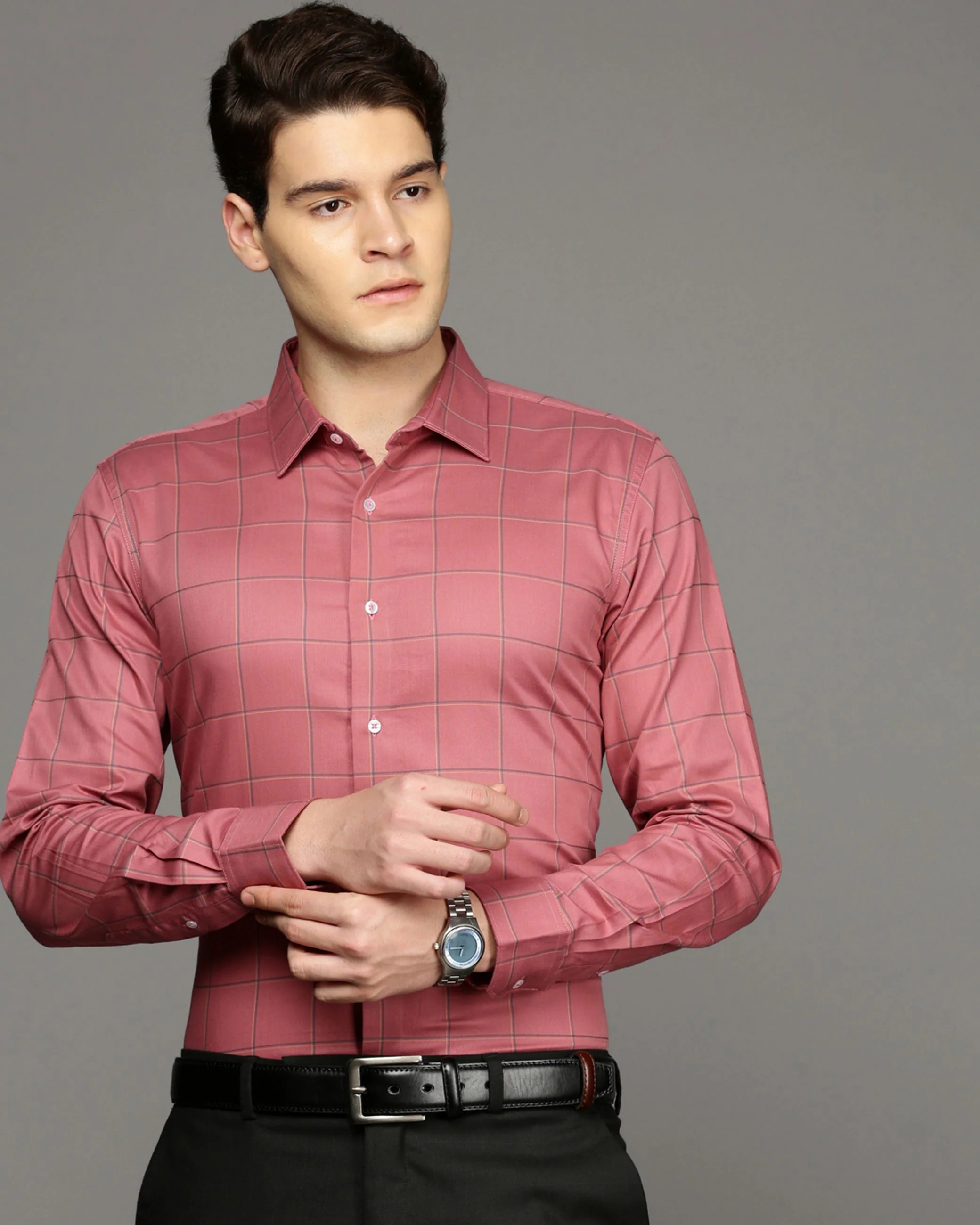 Men Peach Cotton Blend Slim Shirt - Image 2
