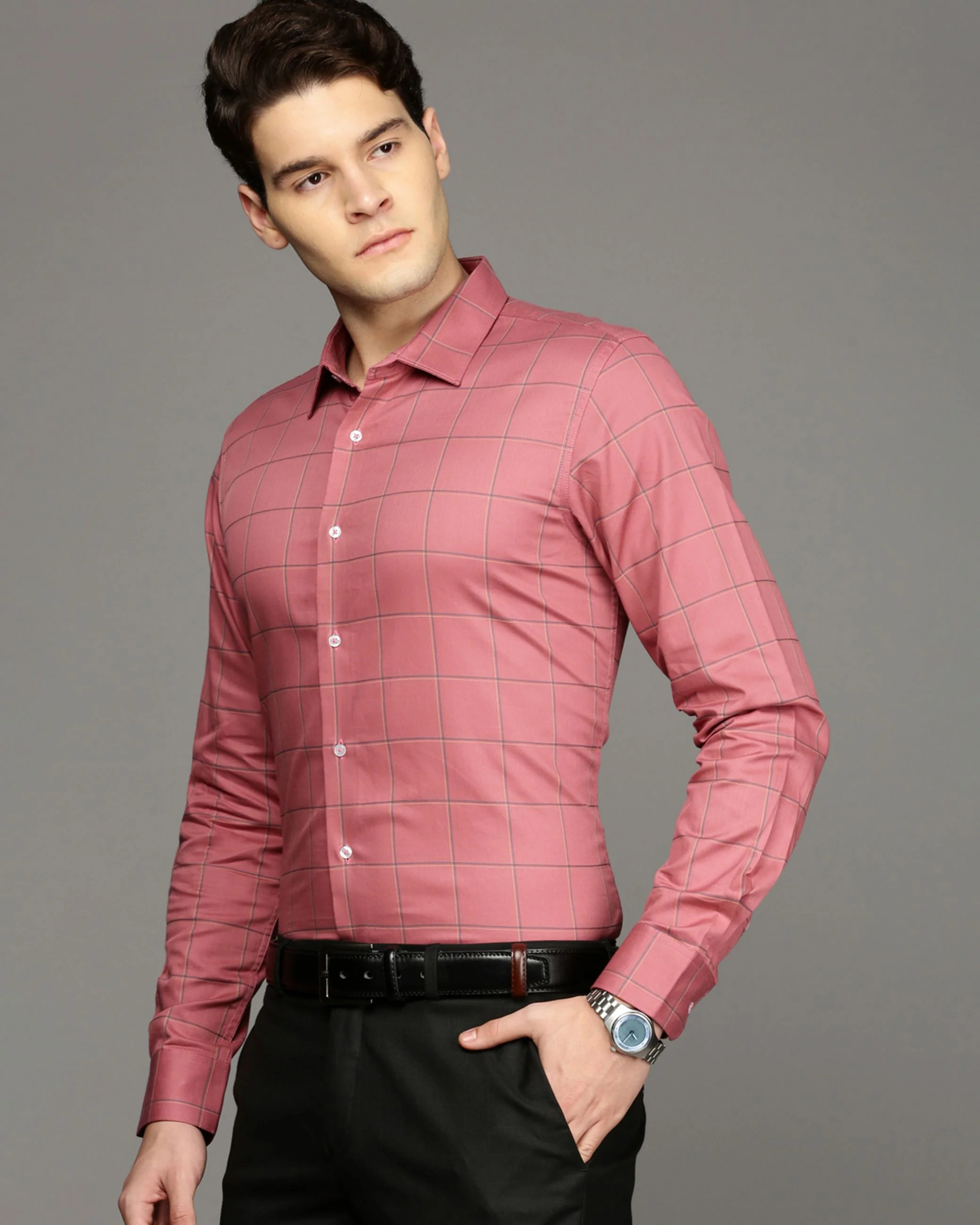 Men Peach Cotton Blend Slim Shirt - Image 3