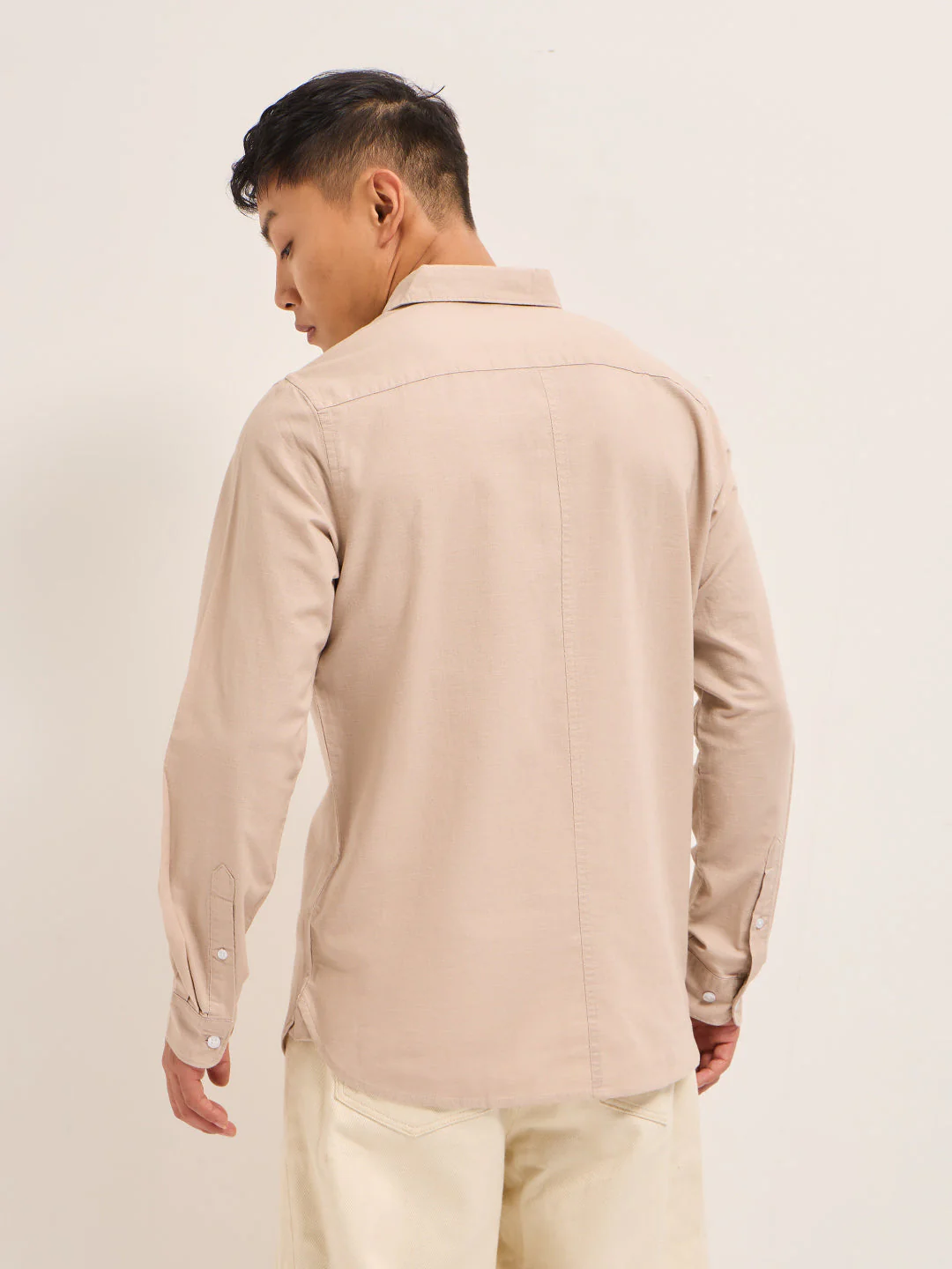 Men Peach Cotton Linen Slim Fit Solid Casual Shirt - Image 2