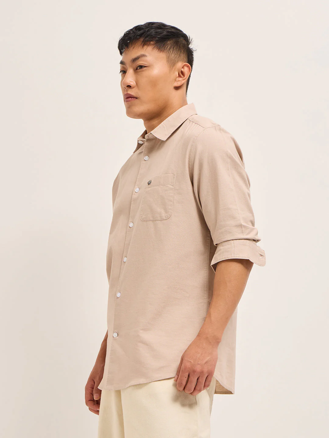 Men Peach Cotton Linen Slim Fit Solid Casual Shirt - Image 3
