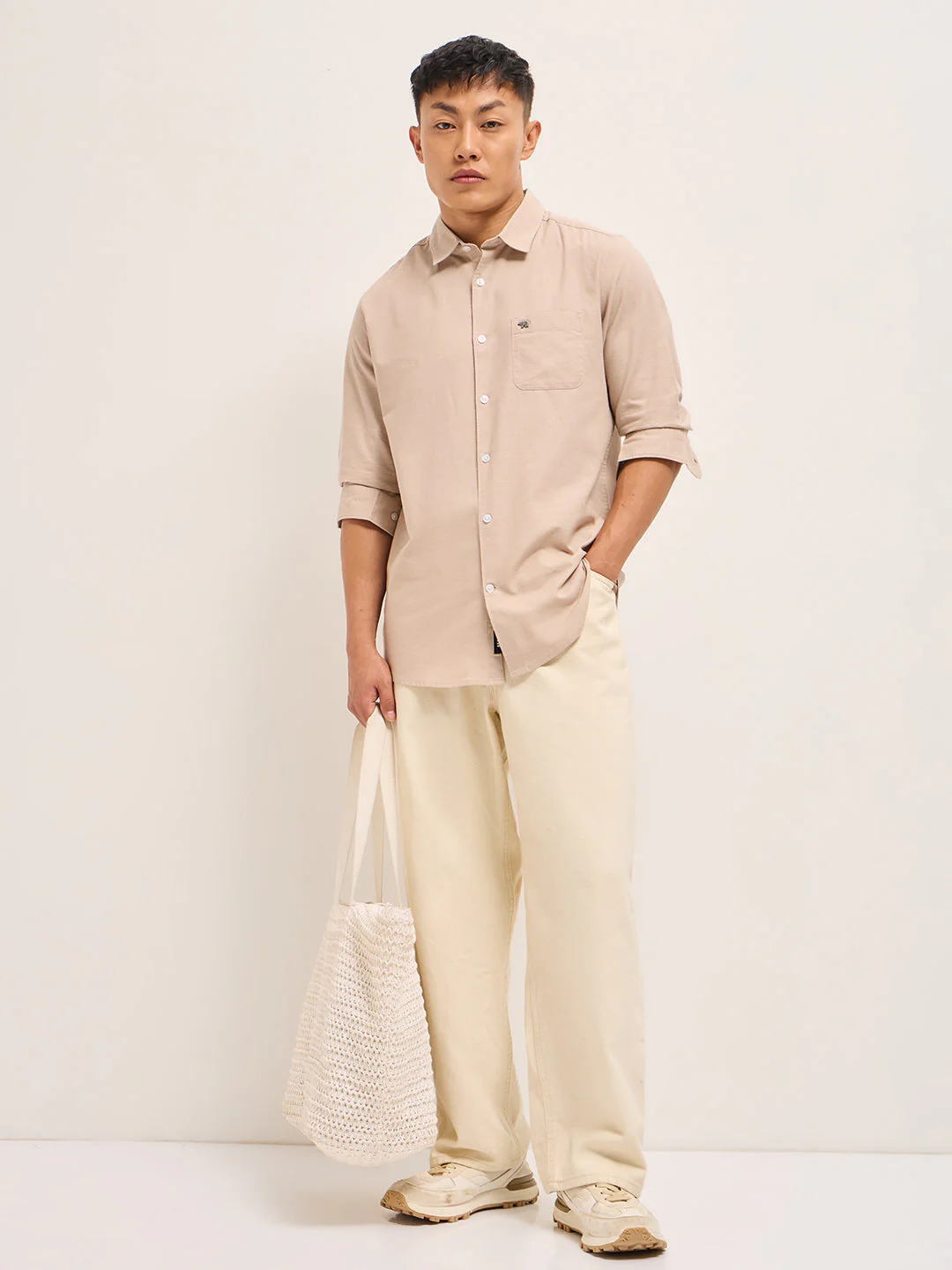 Men Peach Cotton Linen Slim Fit Solid Casual Shirt - Image 4
