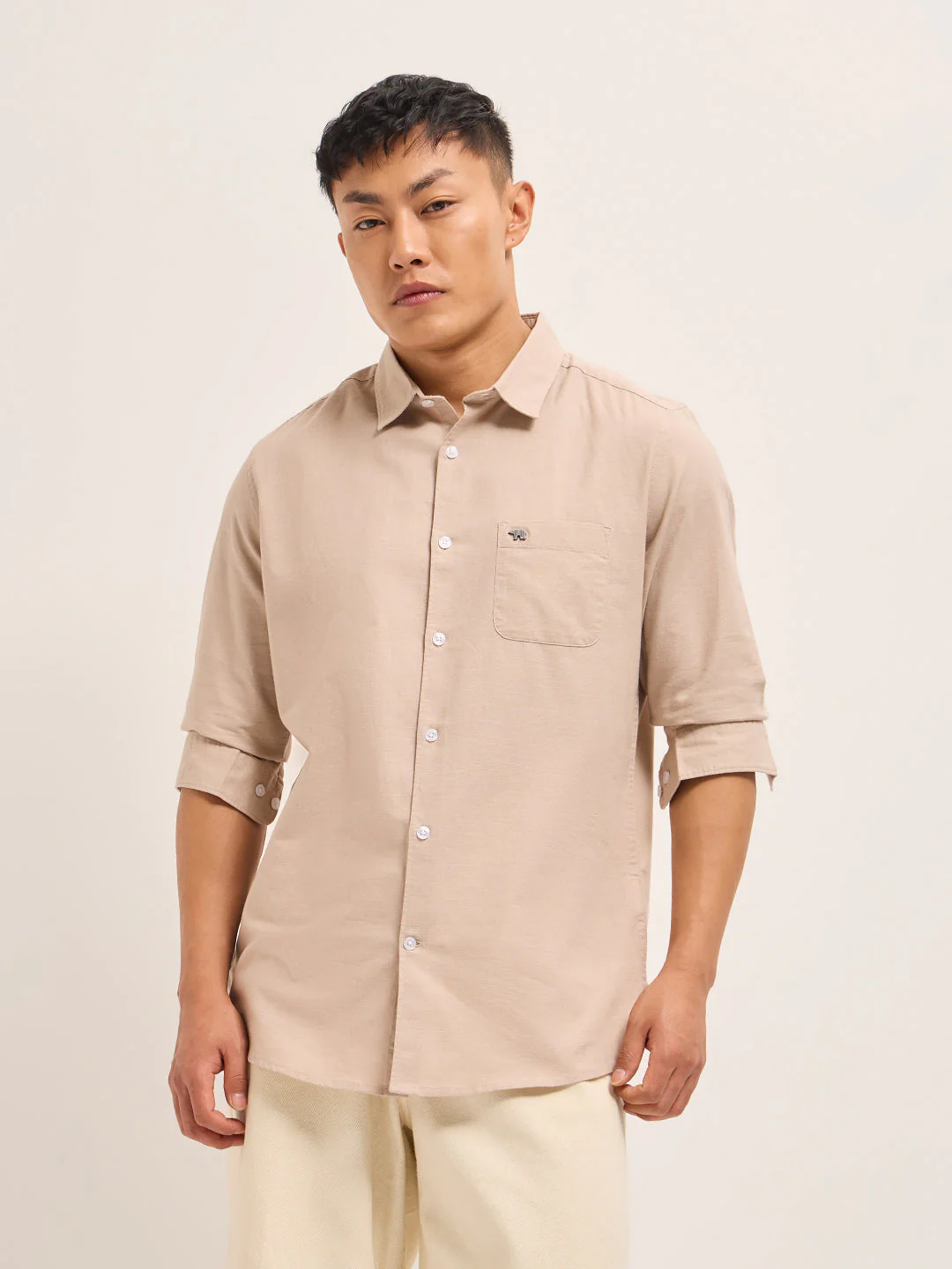Men Peach Cotton Linen Slim Fit Solid Casual Shirt - Image 6