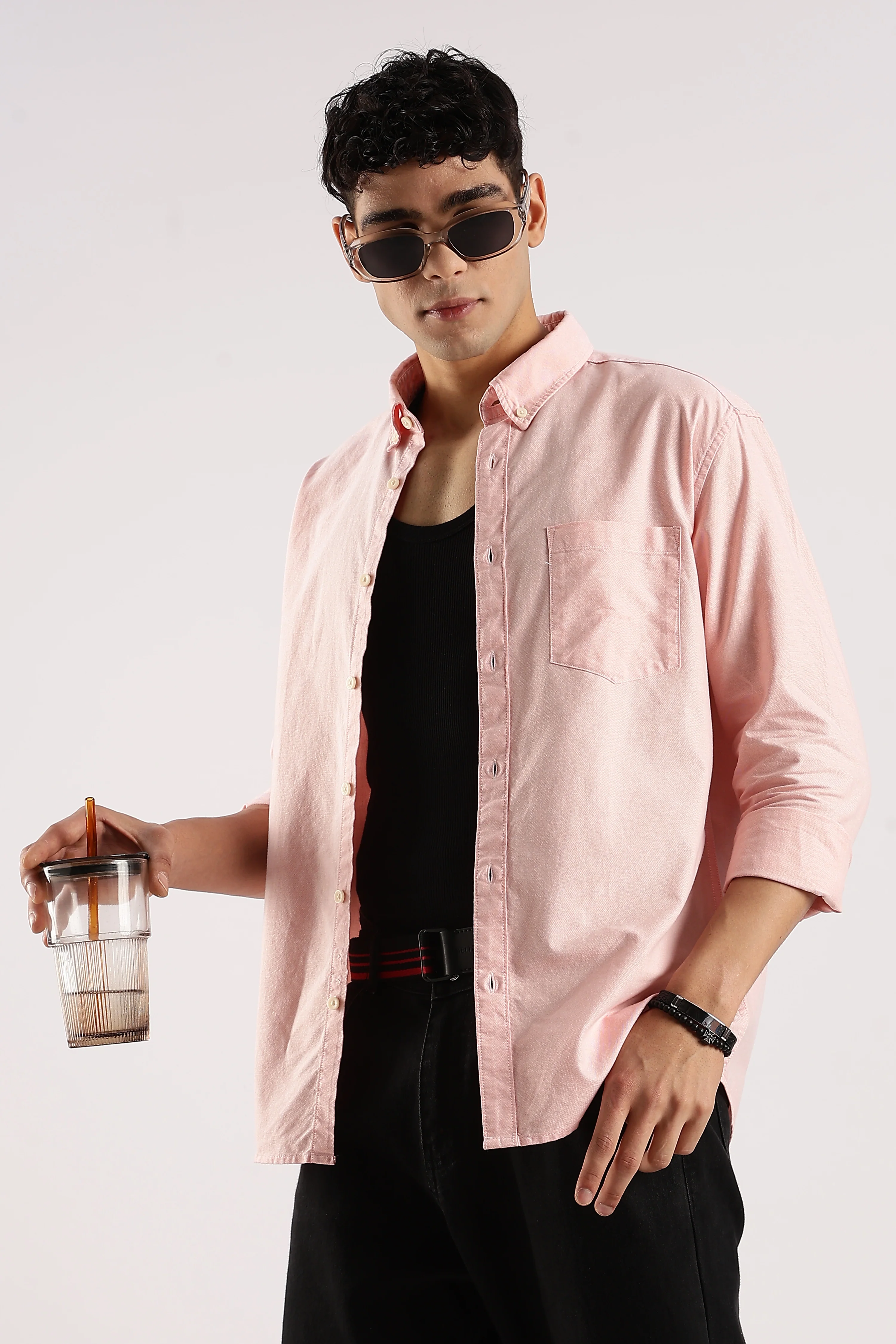 Men Peach  Cotton Oxford Shirt - Image 8