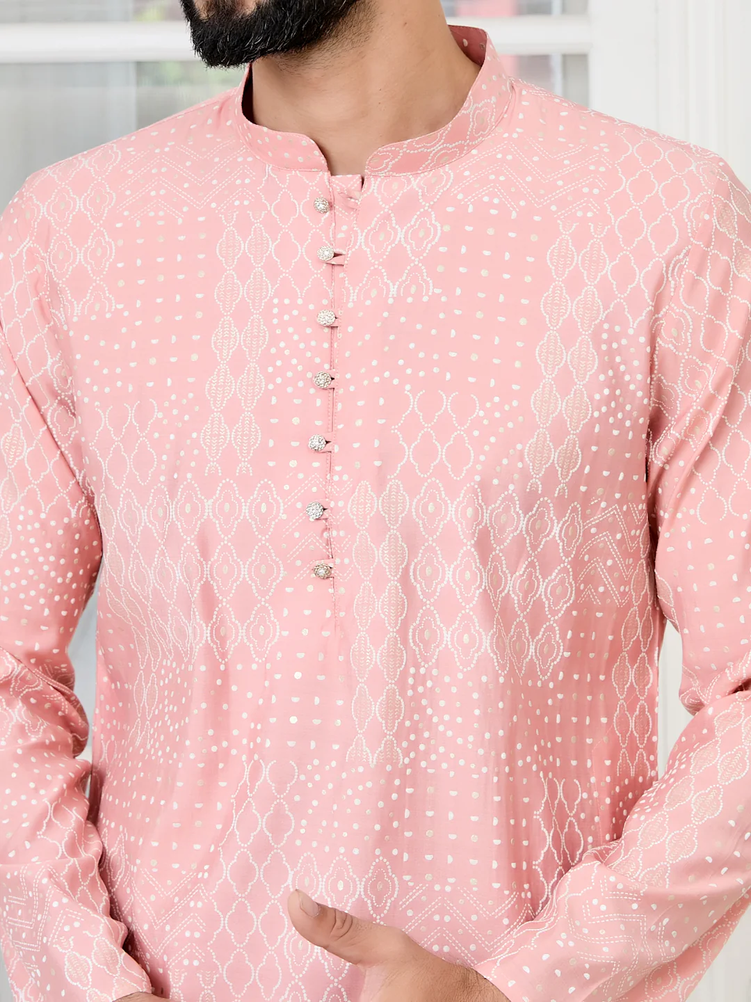Men Peach Embossed and Foil Kurta - Image 2