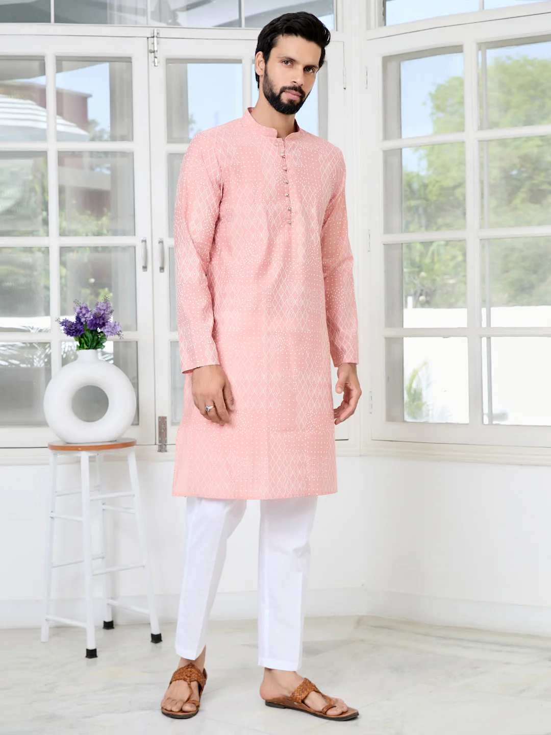 Men Peach Embossed and Foil Kurta - Image 3