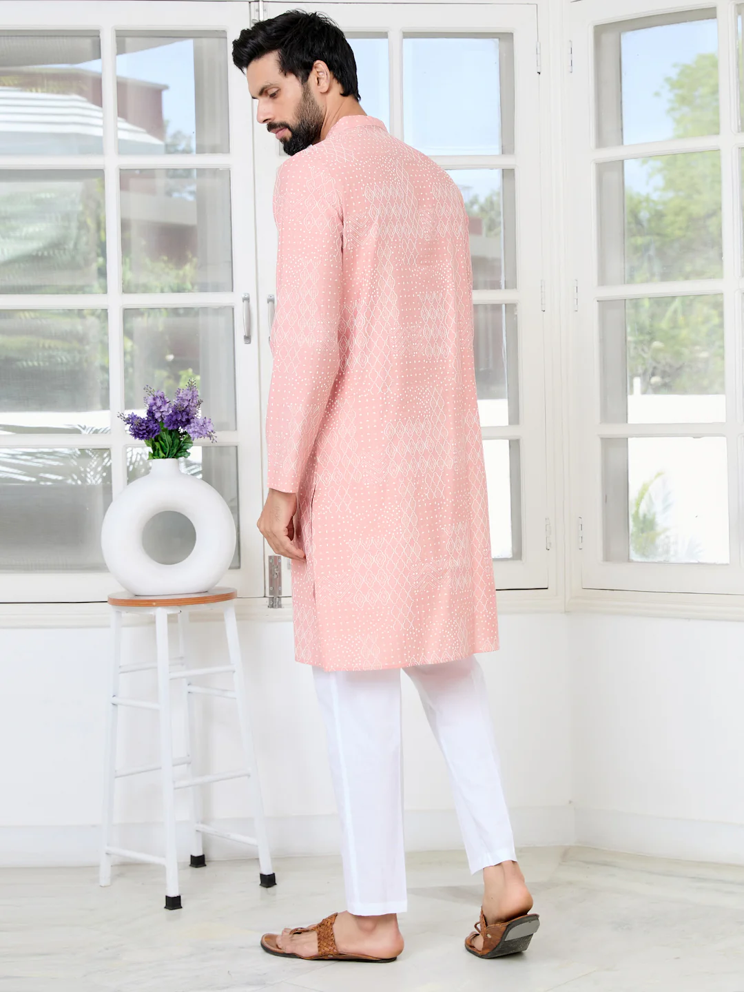 Men Peach Embossed and Foil Kurta - Image 4