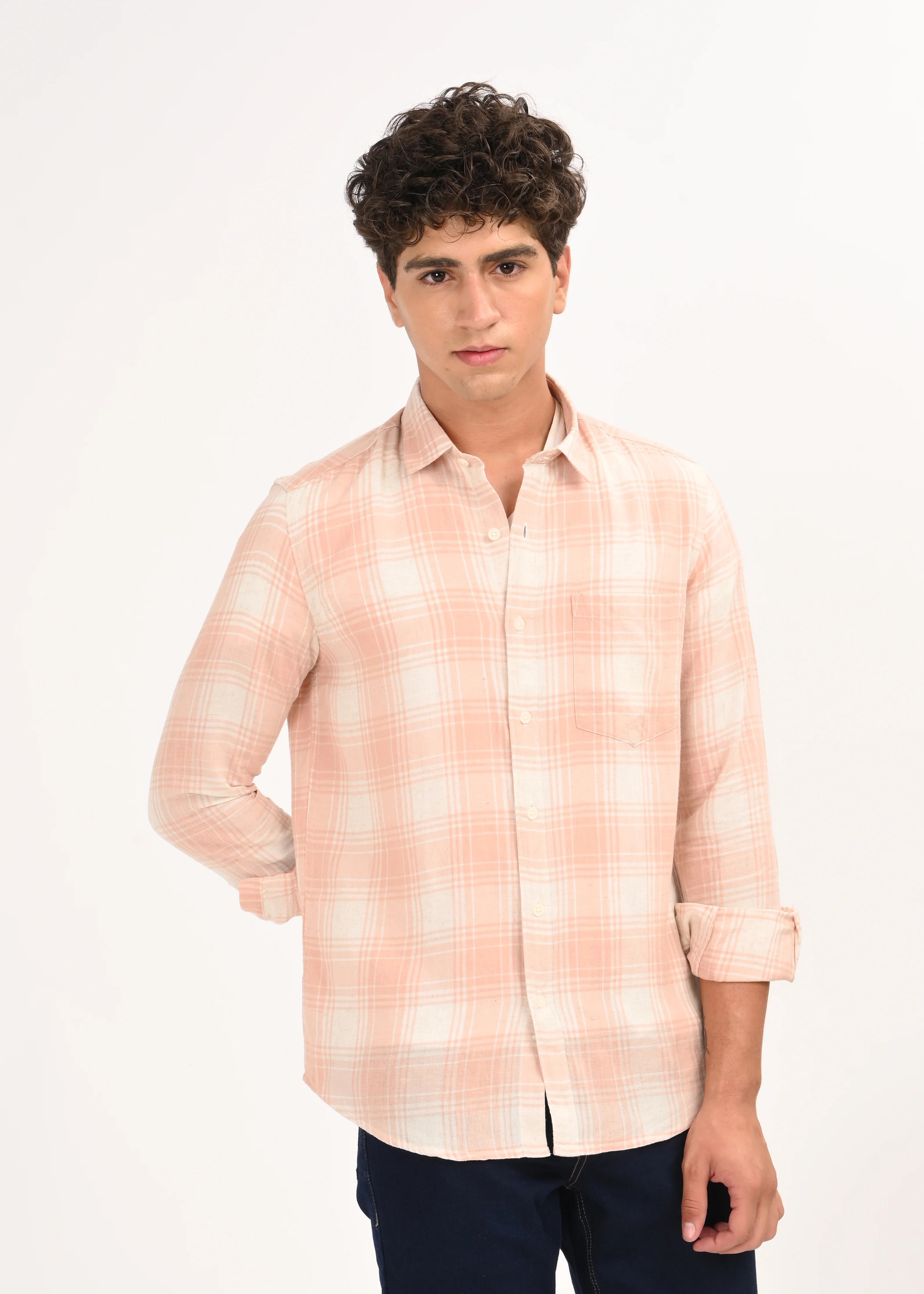 Men Peach Linen Cotton Checked Shirt - Image 10