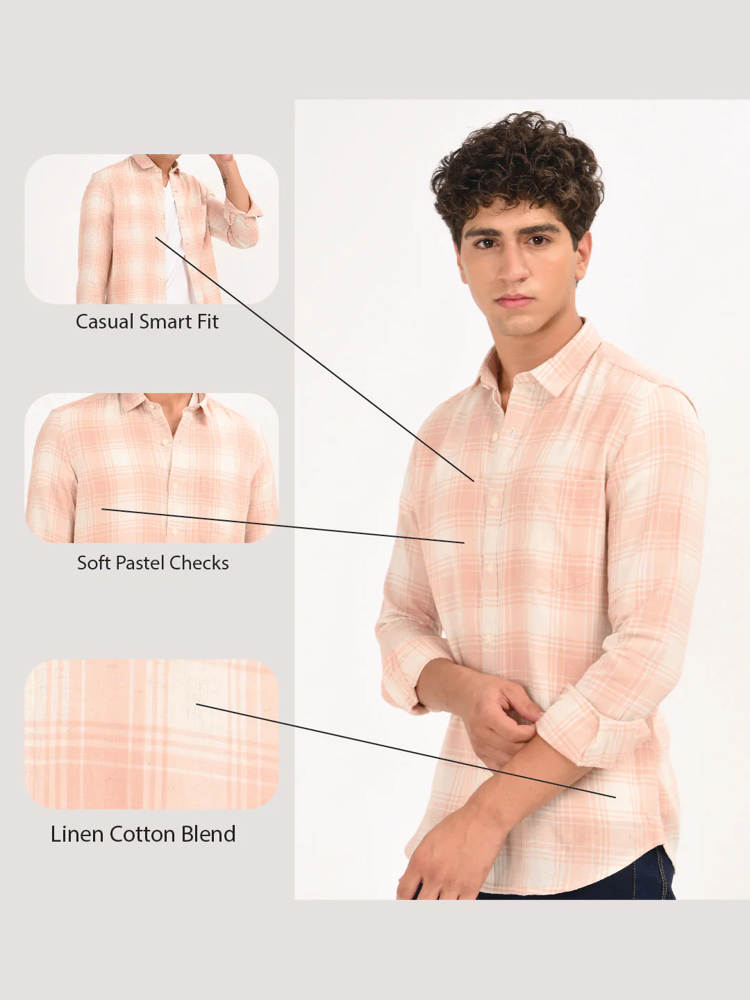 Men Peach Linen Cotton Checked Shirt - Image 11