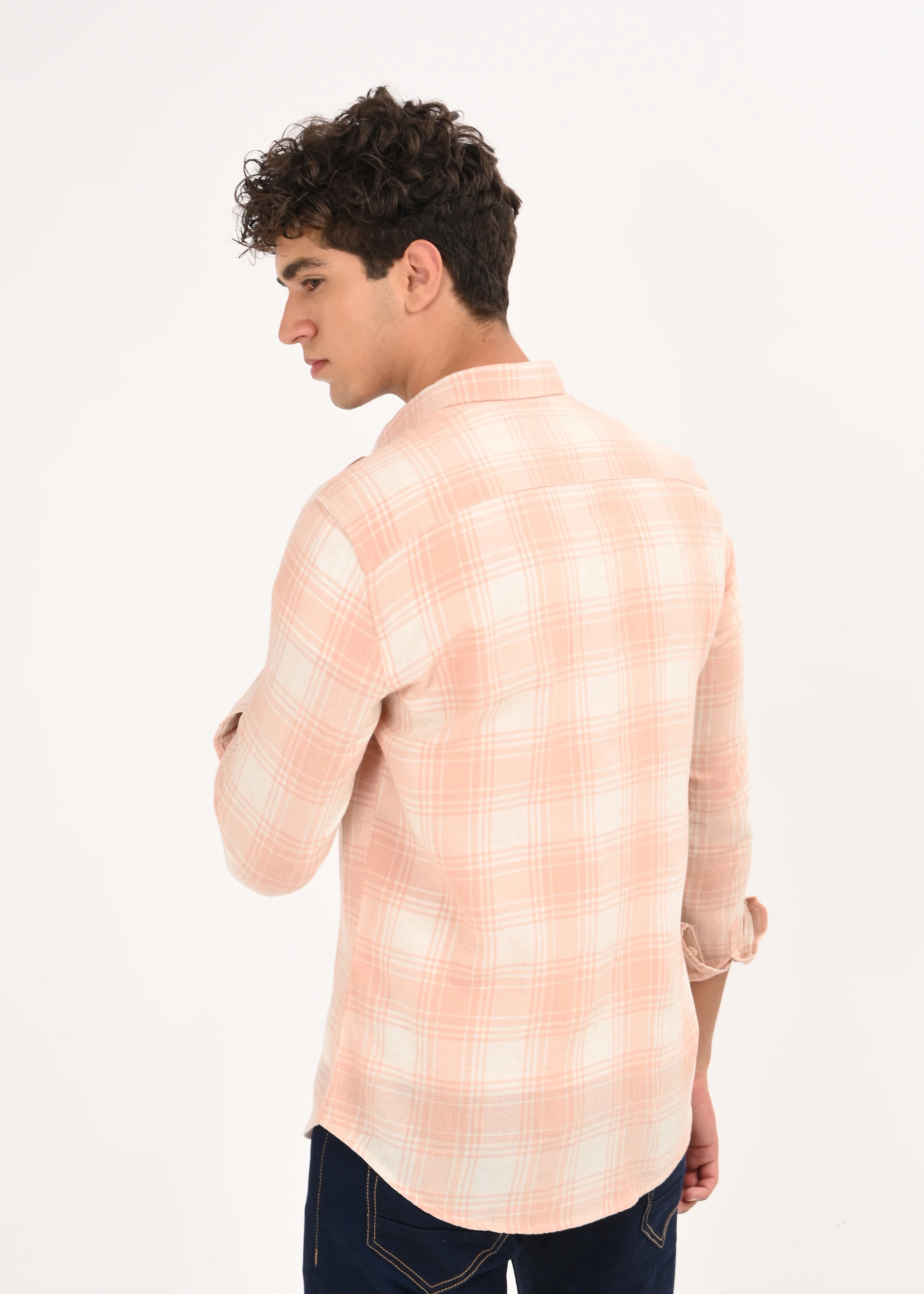 Men Peach Linen Cotton Checked Shirt - Image 2