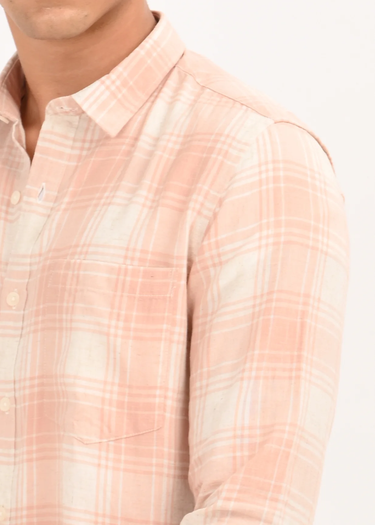 Men Peach Linen Cotton Checked Shirt - Image 3