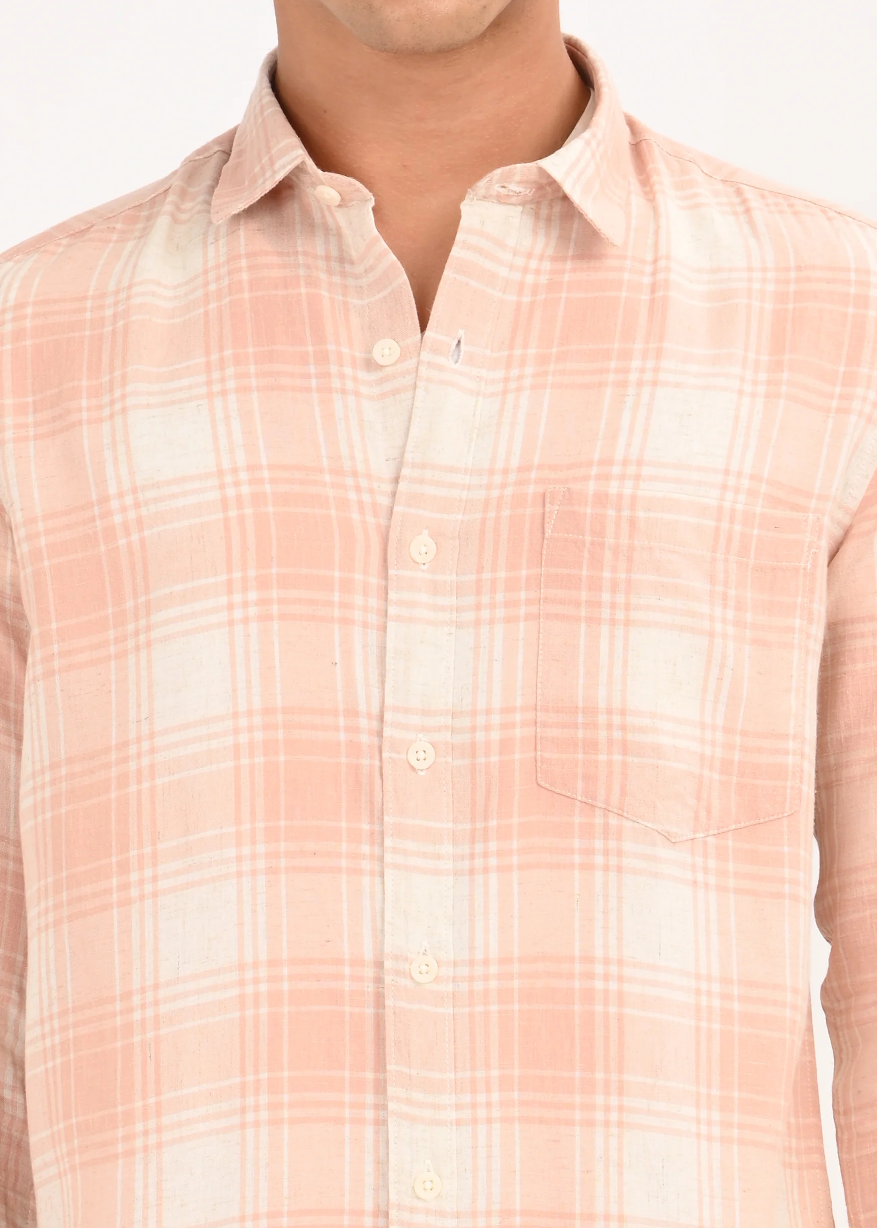 Men Peach Linen Cotton Checked Shirt - Image 4