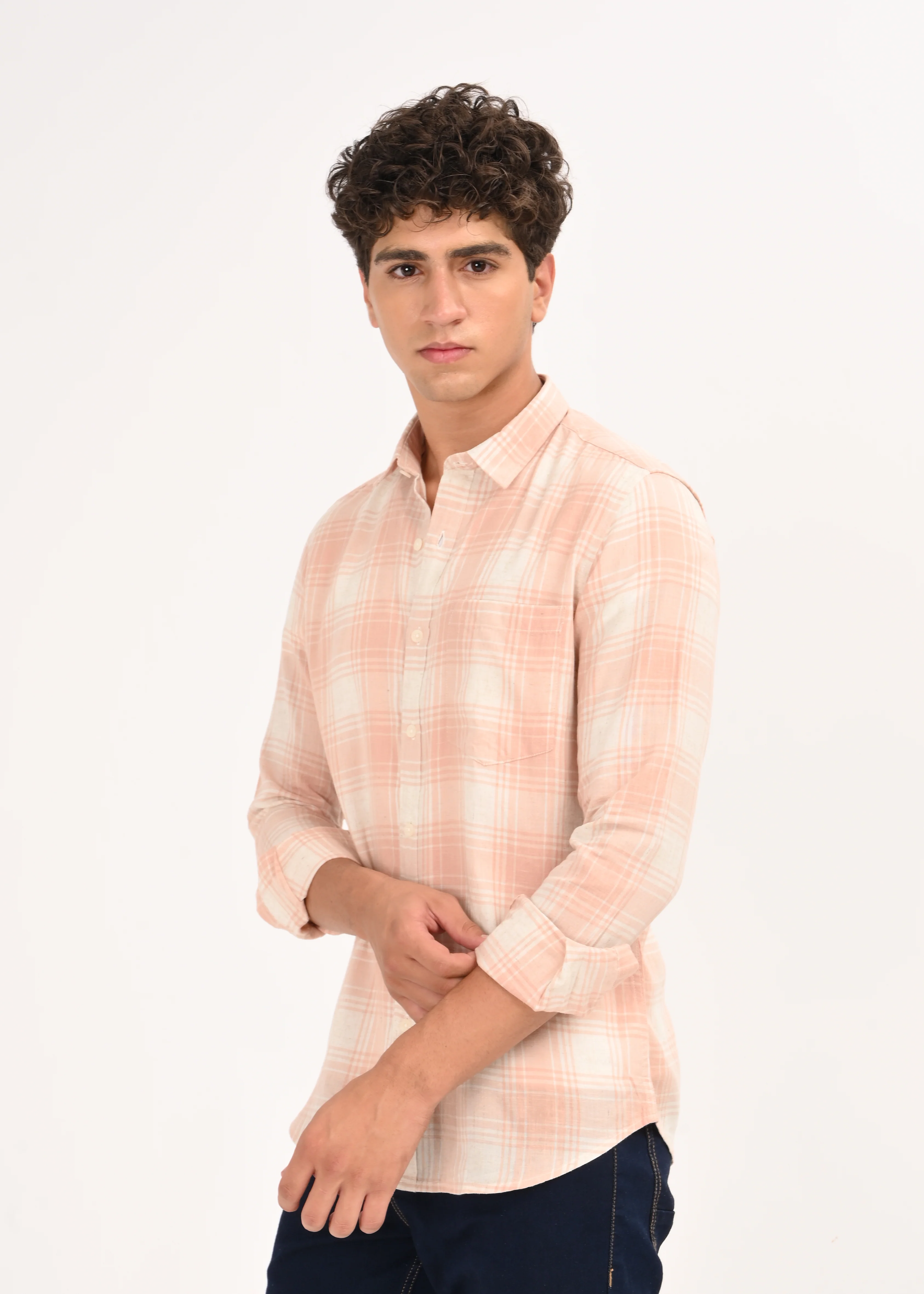 Men Peach Linen Cotton Checked Shirt - Image 5