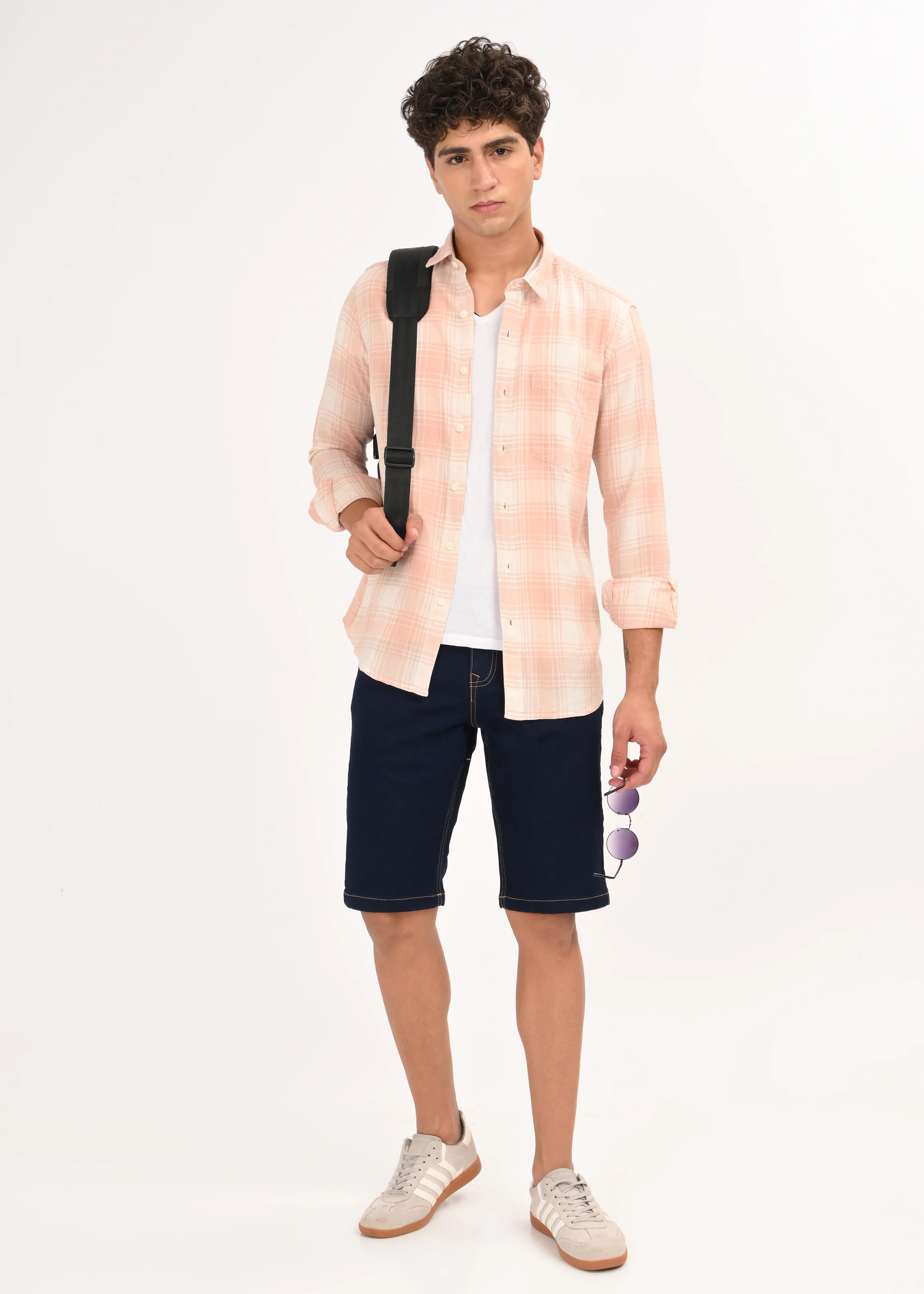 Men Peach Linen Cotton Checked Shirt - Image 6