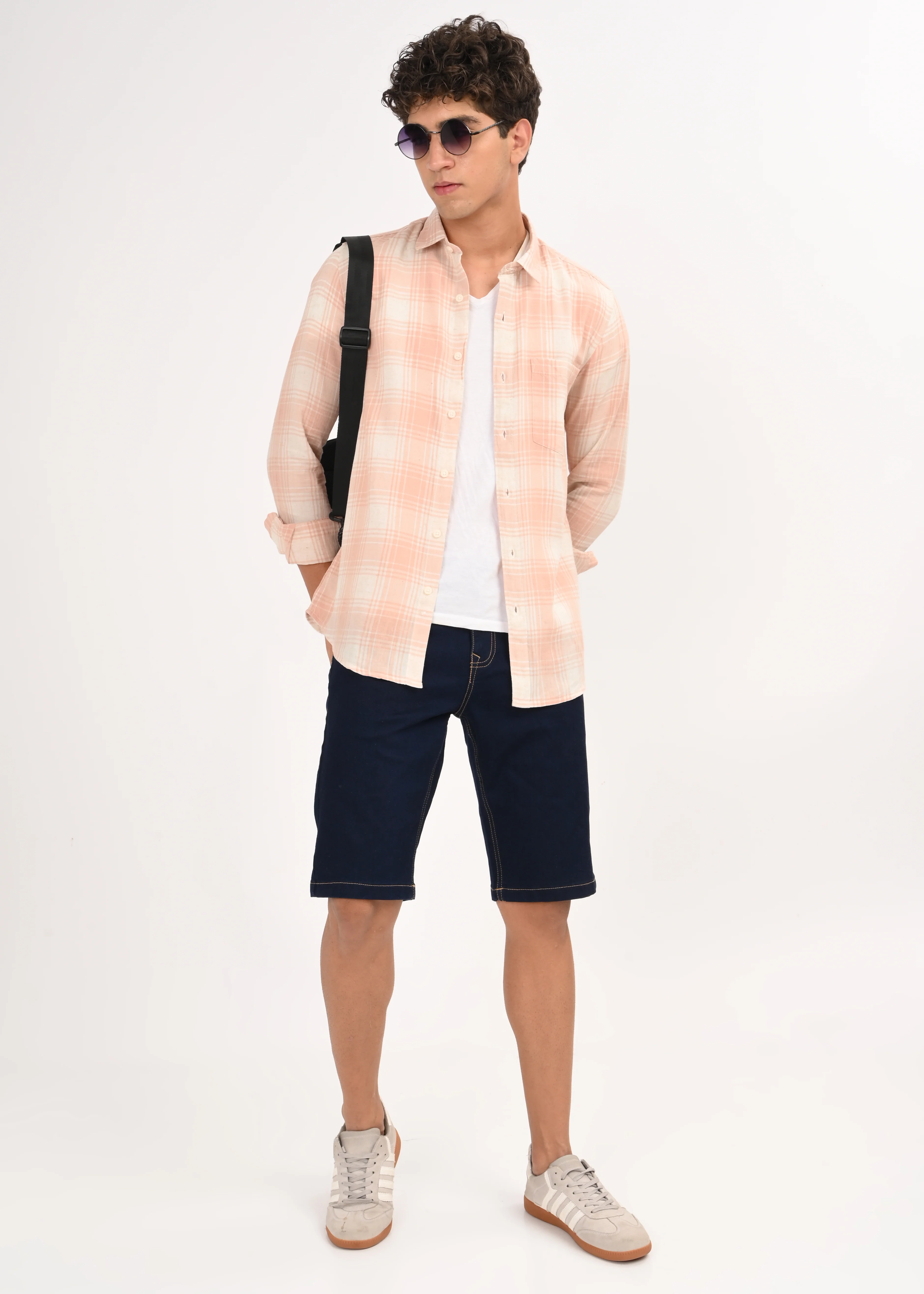 Men Peach Linen Cotton Checked Shirt - Image 7