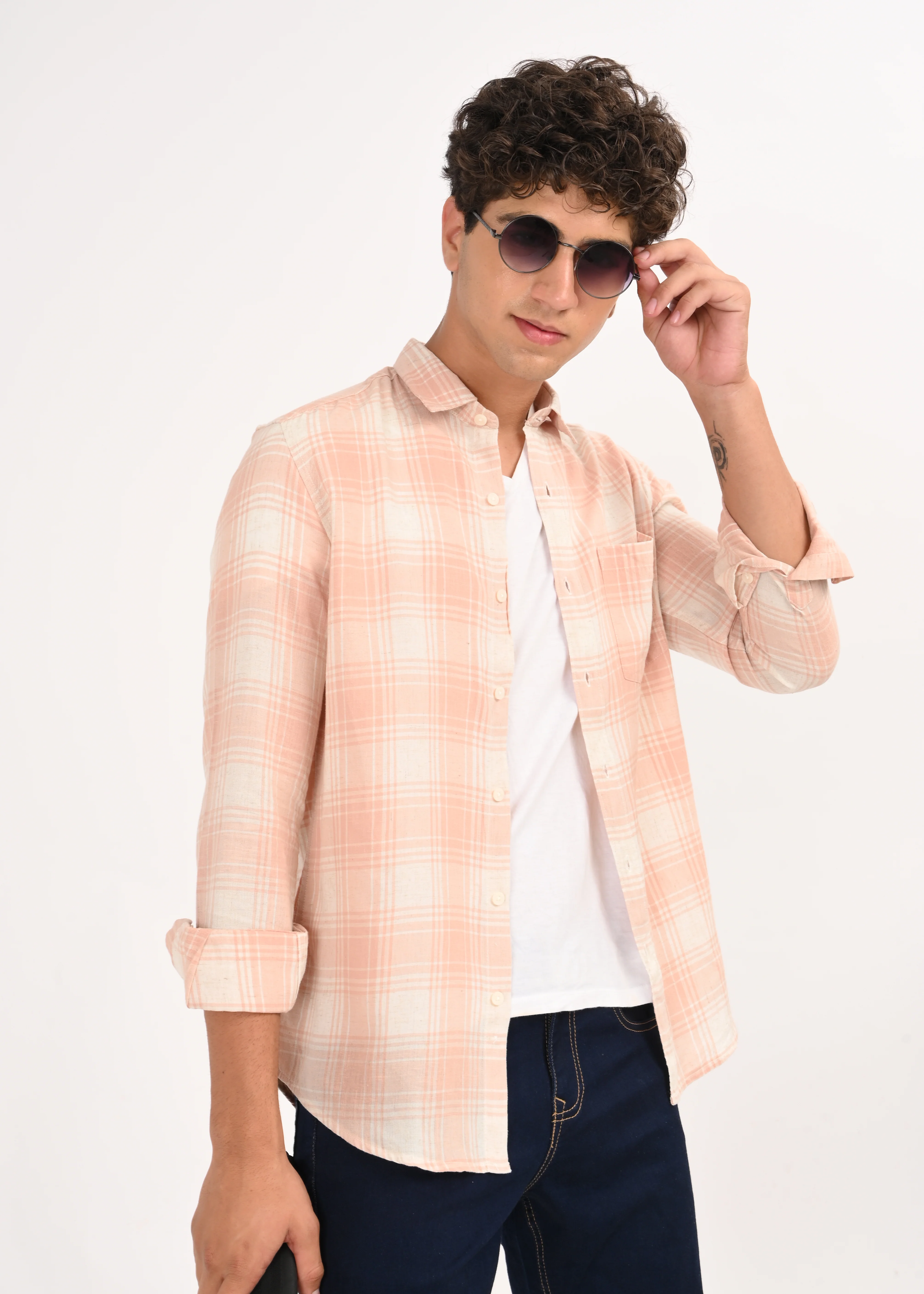 Men Peach Linen Cotton Checked Shirt - Image 8