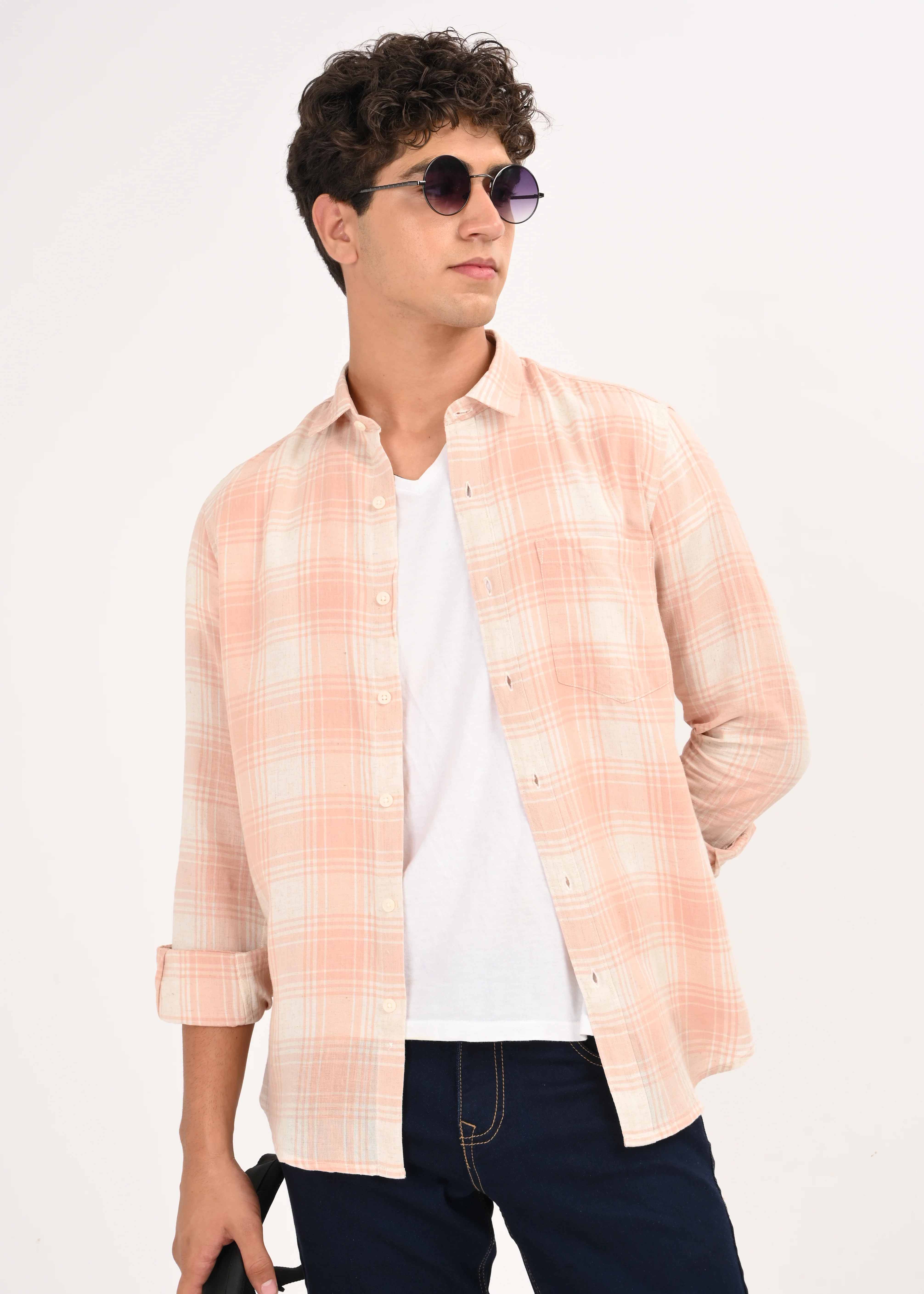 Men Peach Linen Cotton Checked Shirt - Image 9
