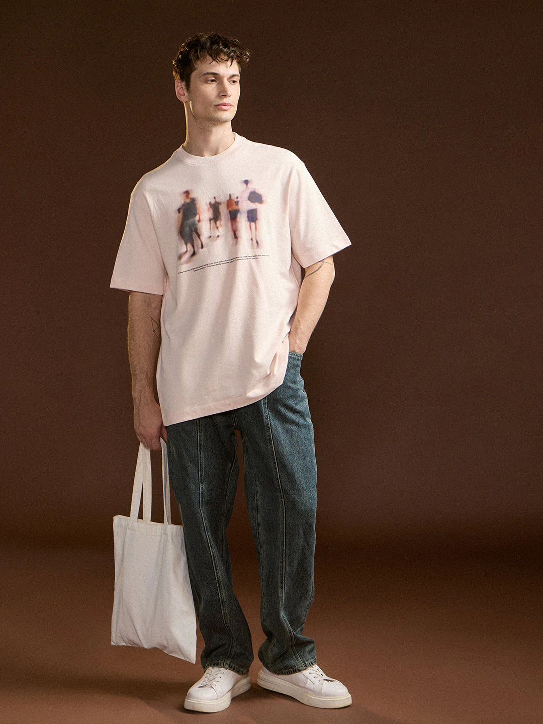 Men Peach Oversize Graphic Print Crew Neck T-shirt - Image 4