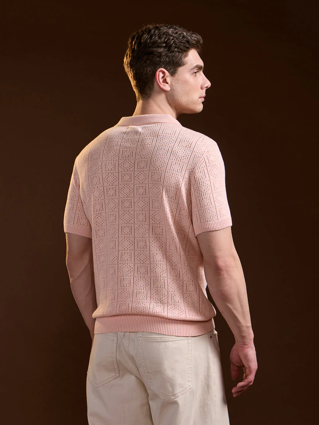 Men Peach Perforated Texture Design Slim Fit Polo - Image 2