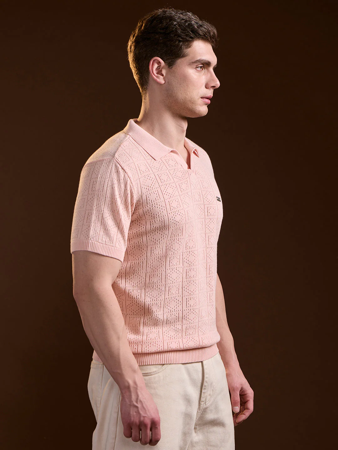 Men Peach Perforated Texture Design Slim Fit Polo - Image 3