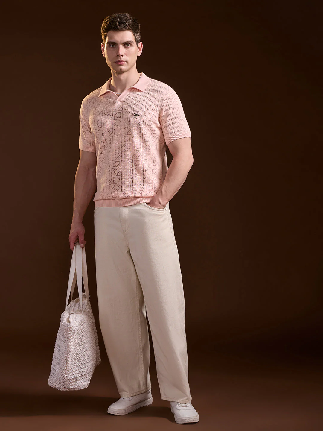 Men Peach Perforated Texture Design Slim Fit Polo - Image 4