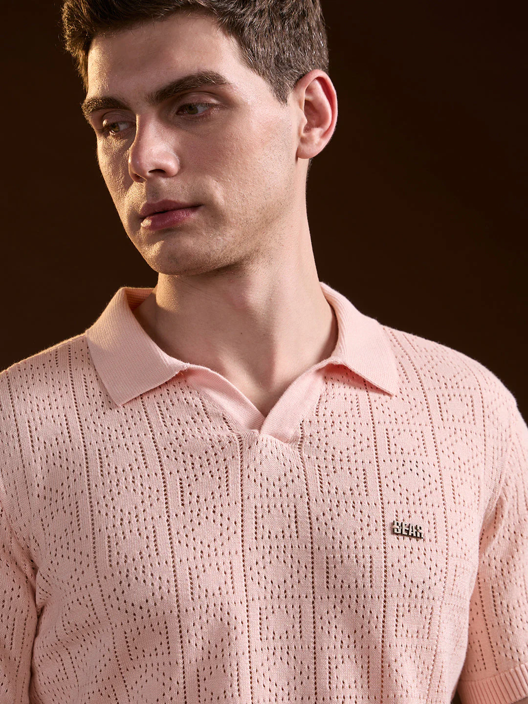 Men Peach Perforated Texture Design Slim Fit Polo - Image 5