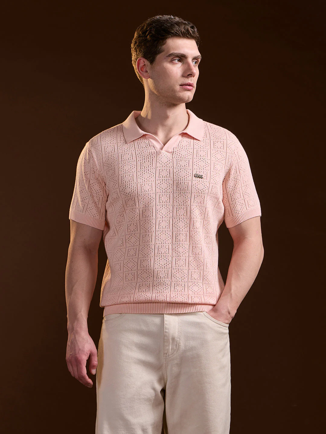 Men Peach Perforated Texture Design Slim Fit Polo - Image 6