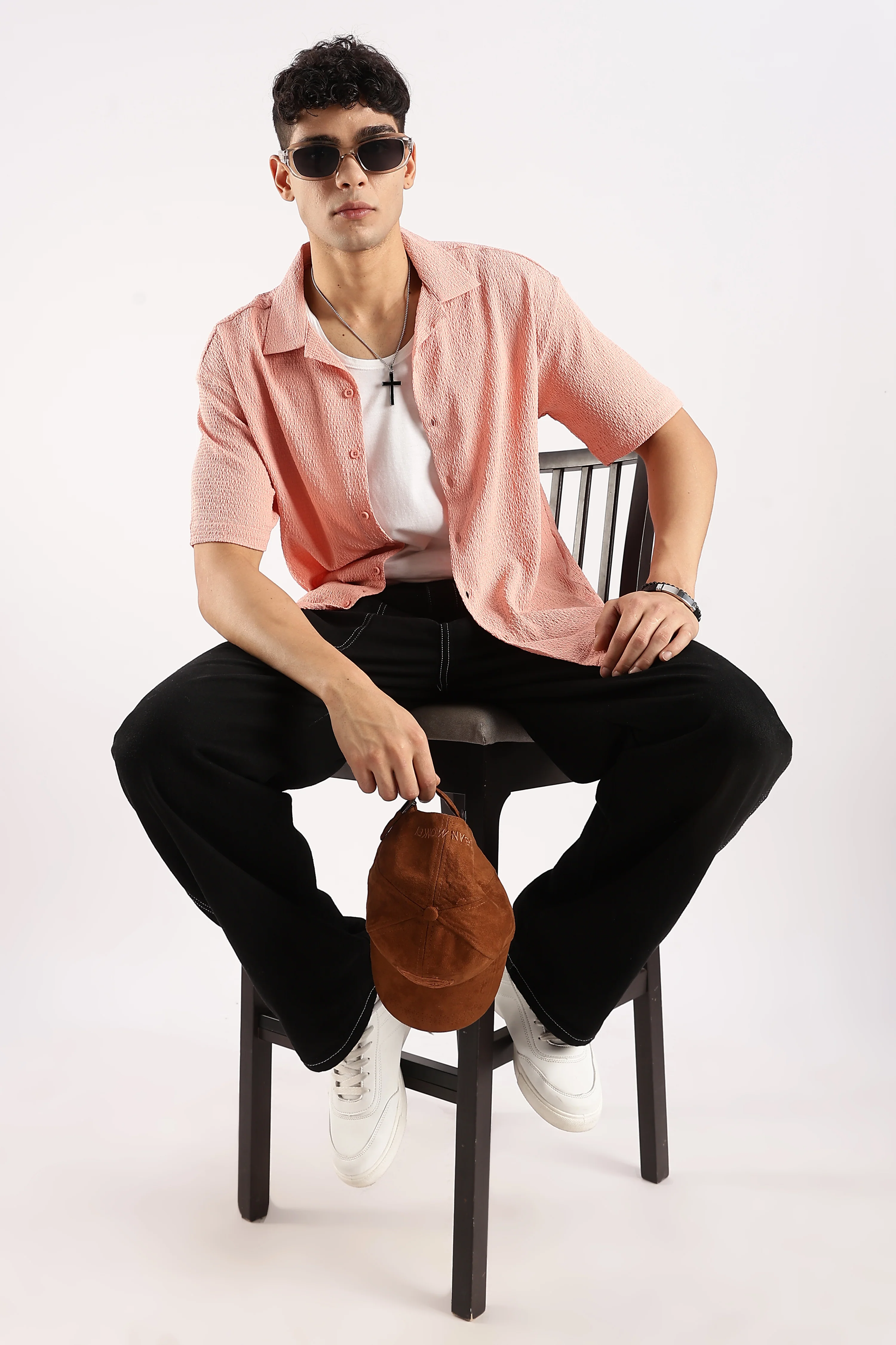 Men Peach Poly Textured Shirt - Image 10