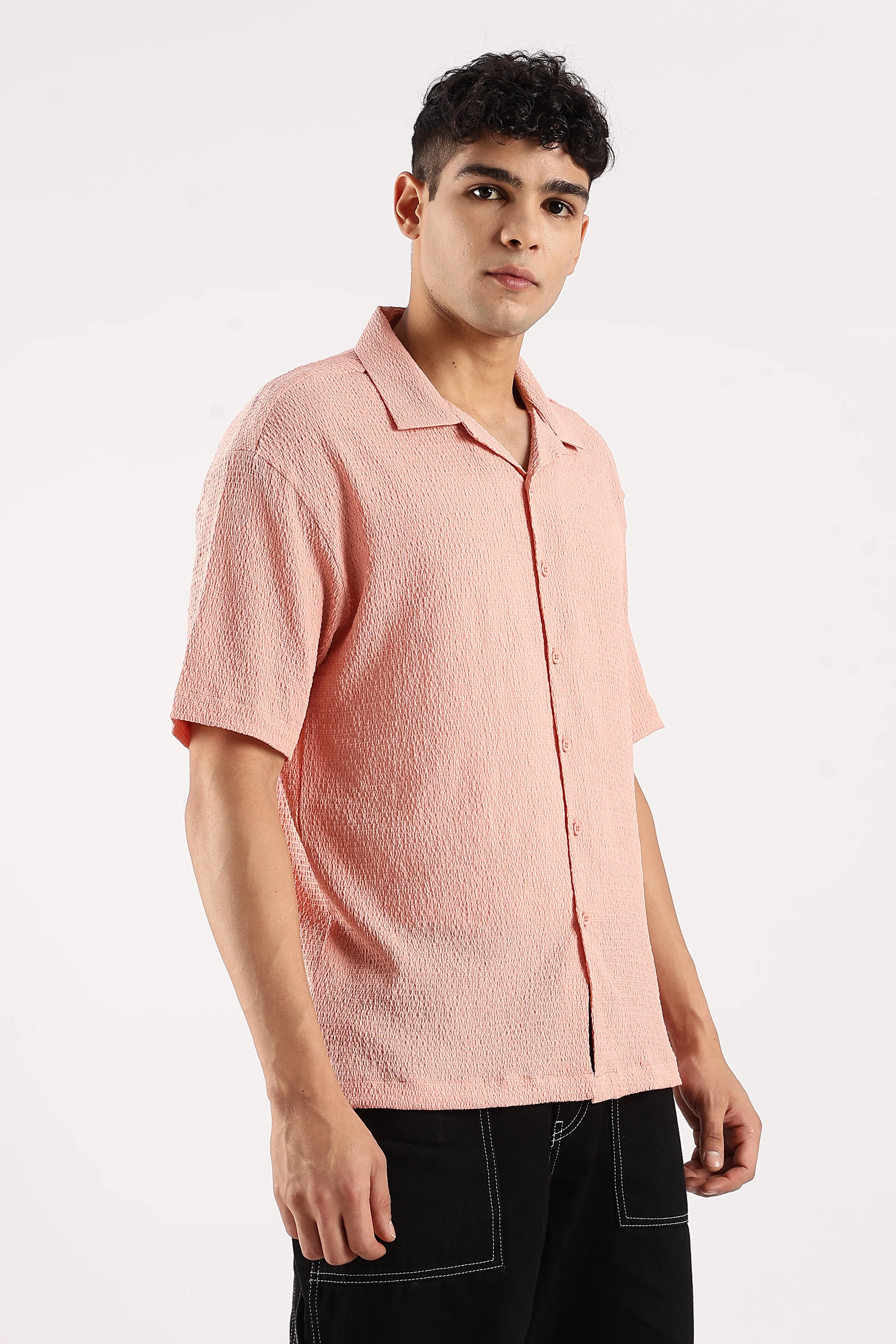 Men Peach Poly Textured Shirt - Image 2