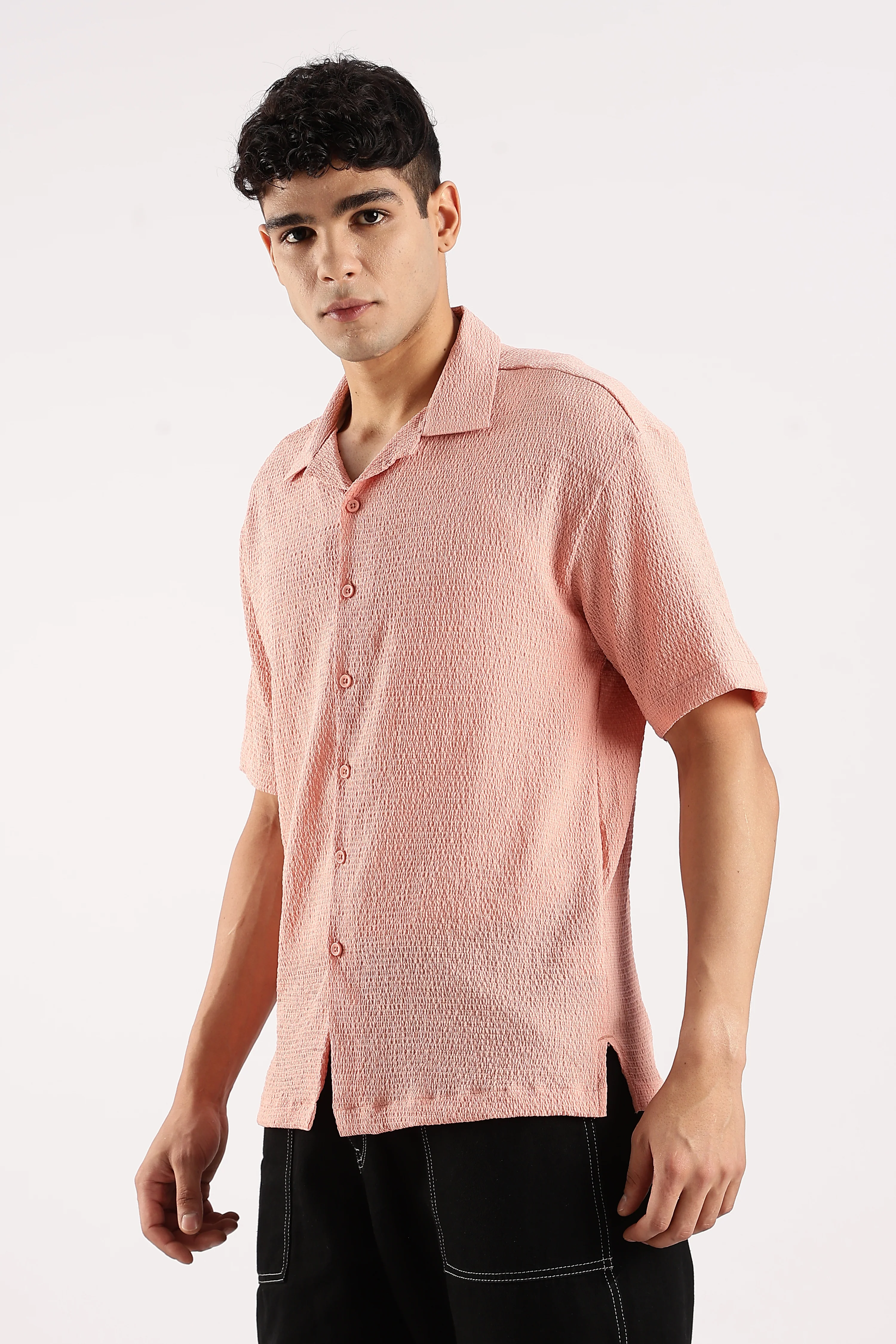 Men Peach Poly Textured Shirt - Image 4