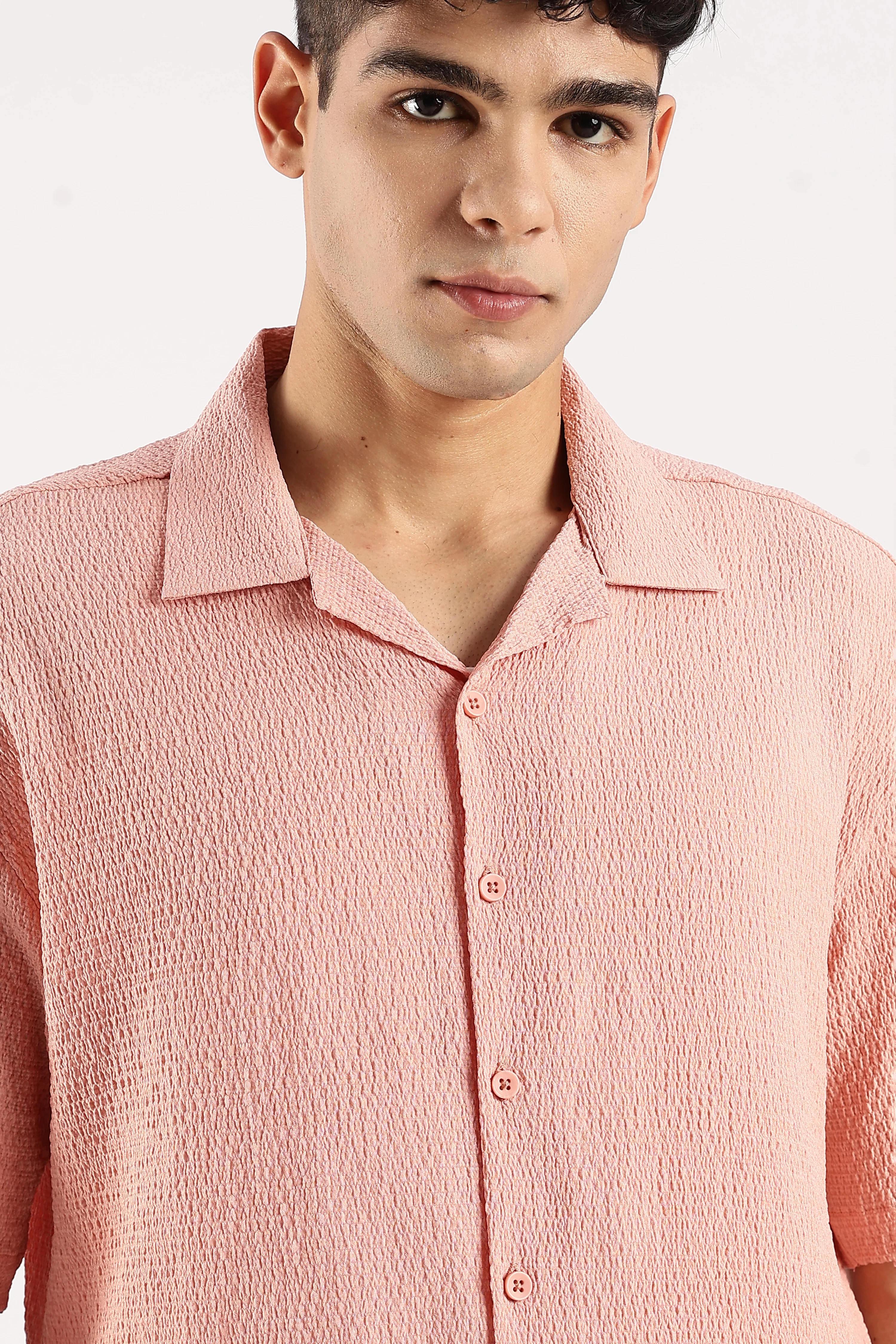 Men Peach Poly Textured Shirt - Image 5