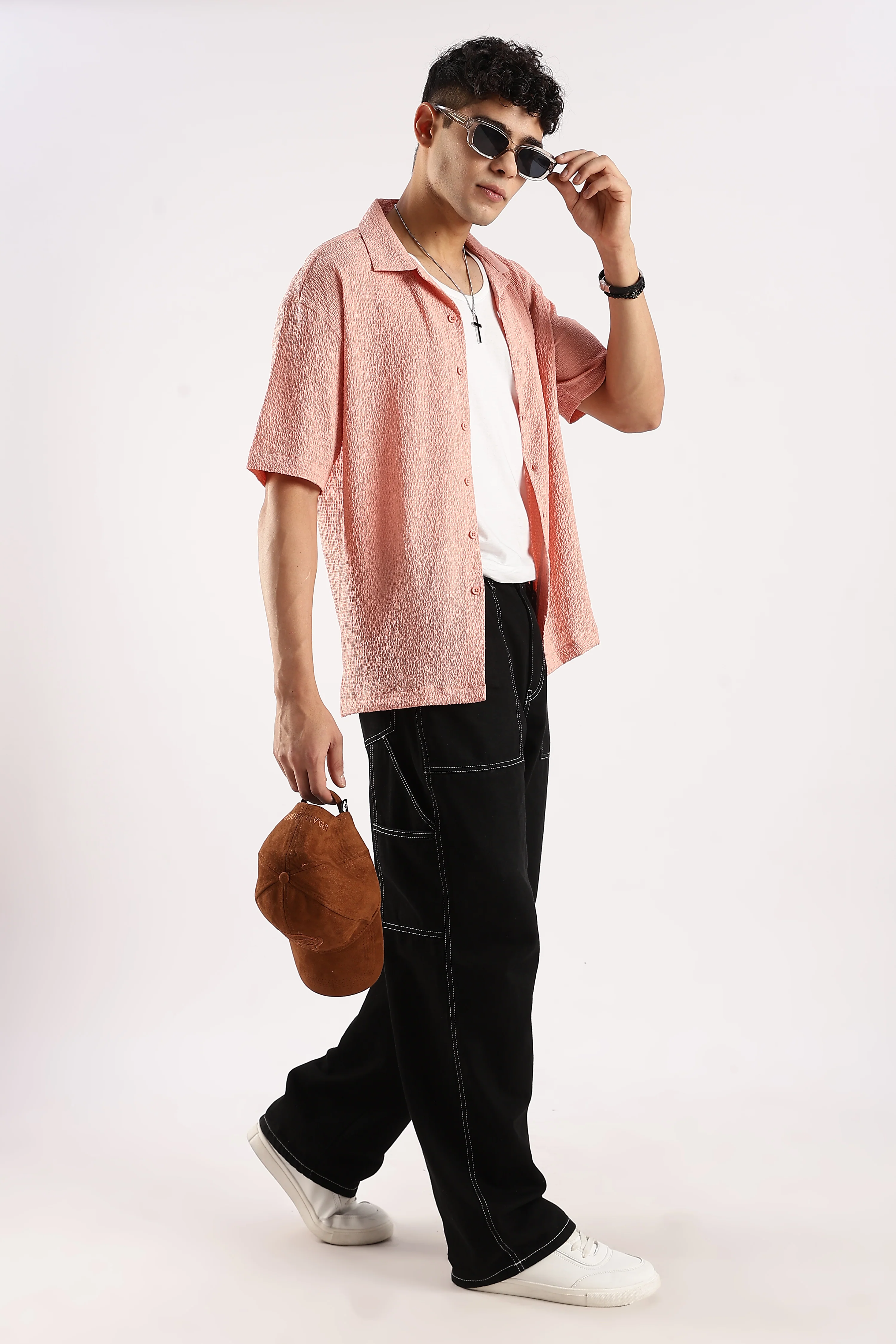 Men Peach Poly Textured Shirt - Image 6