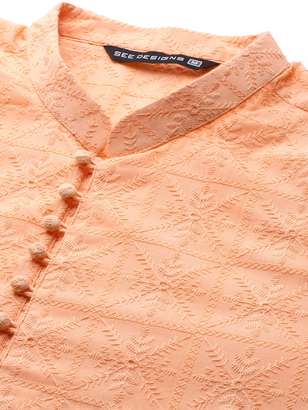 Men Peach Pure Cotton Chikankari Embroidered Straight Kurta - Image 2