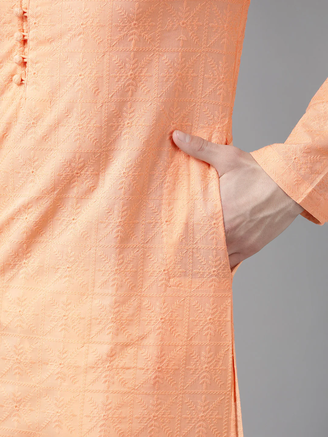Men Peach Pure Cotton Chikankari Embroidered Straight Kurta - Image 3