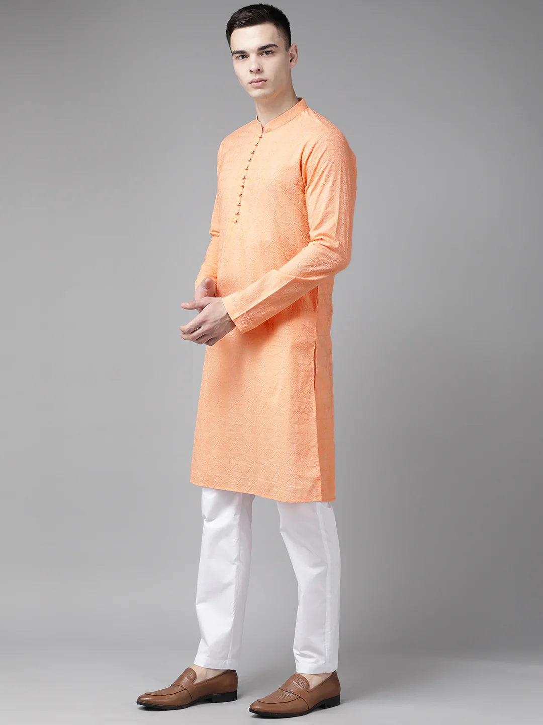 Men Peach Pure Cotton Chikankari Embroidered Straight Kurta - Image 4