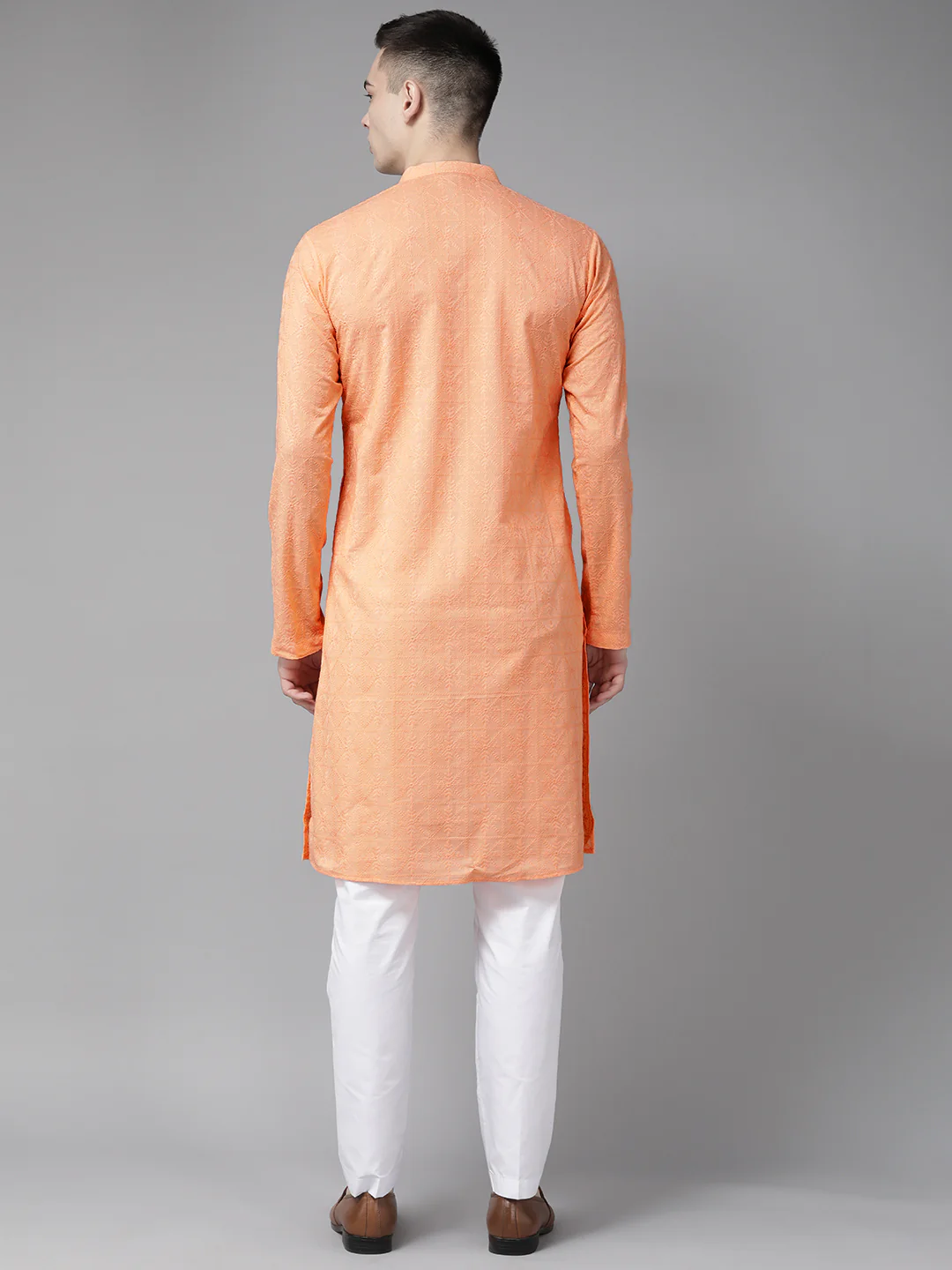 Men Peach Pure Cotton Chikankari Embroidered Straight Kurta - Image 5
