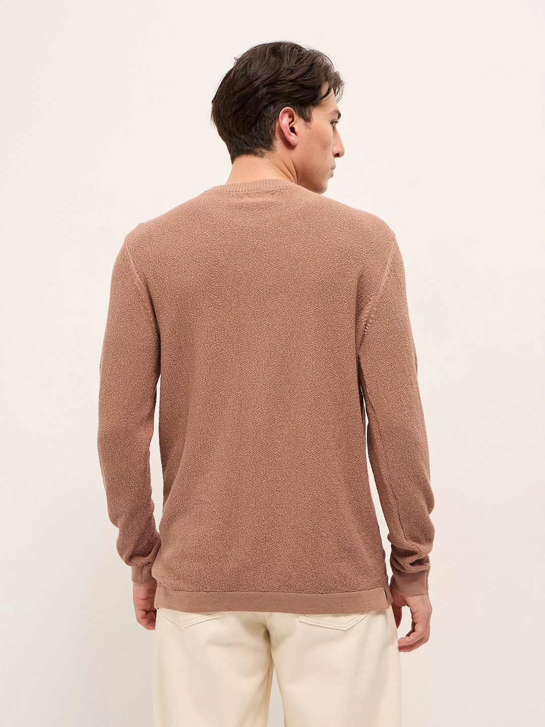 Men Peach Regular Fit Full Sleeve Flat Knit T-Shirt - Image 2