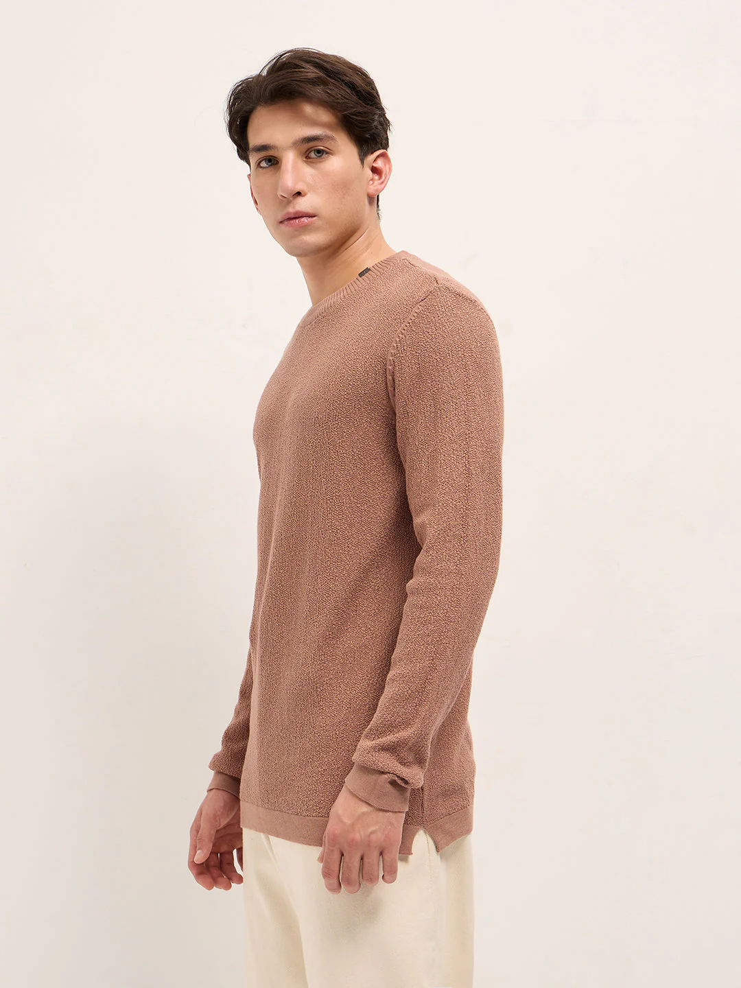 Men Peach Regular Fit Full Sleeve Flat Knit T-Shirt - Image 3