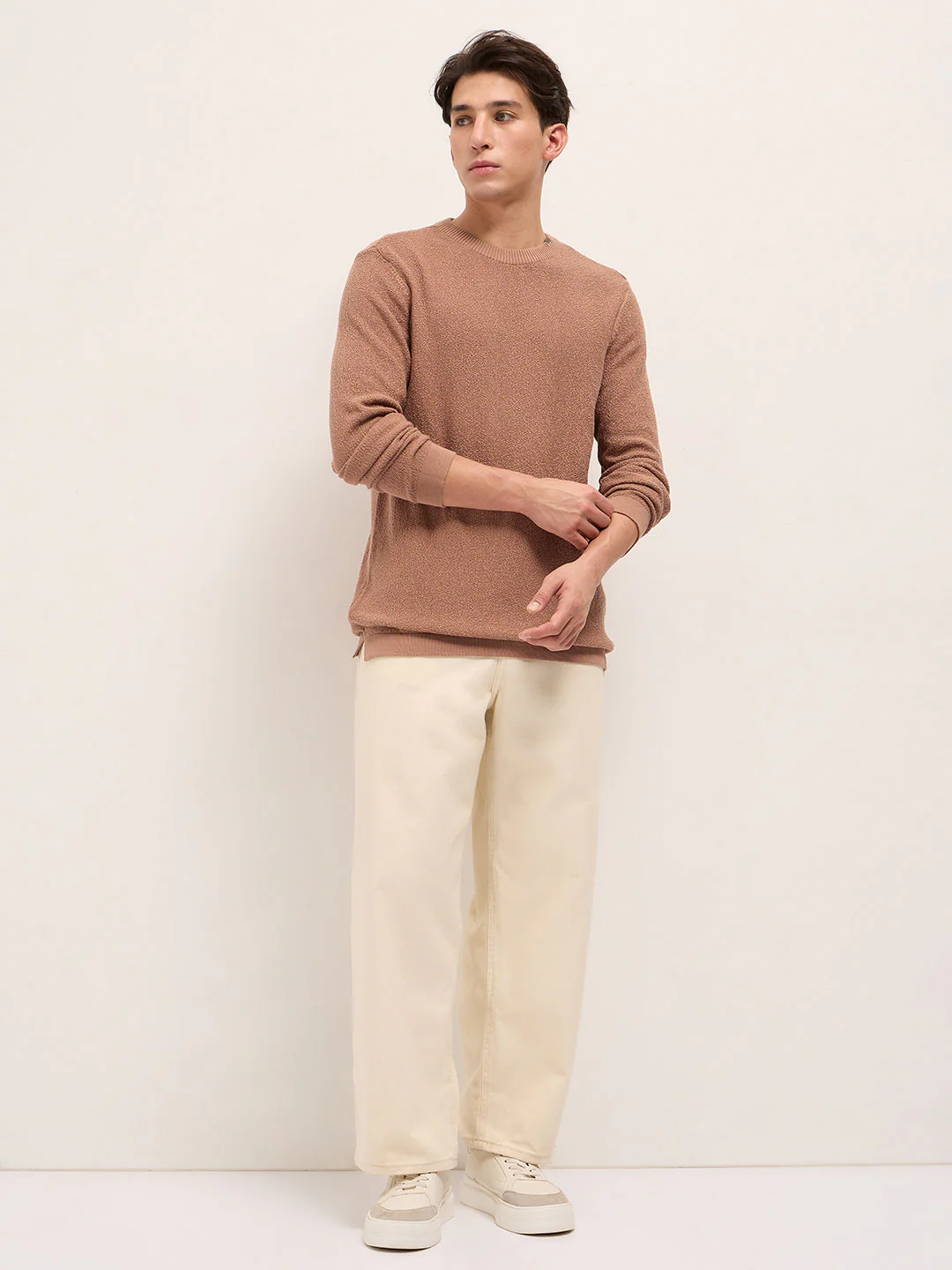Men Peach Regular Fit Full Sleeve Flat Knit T-Shirt - Image 4