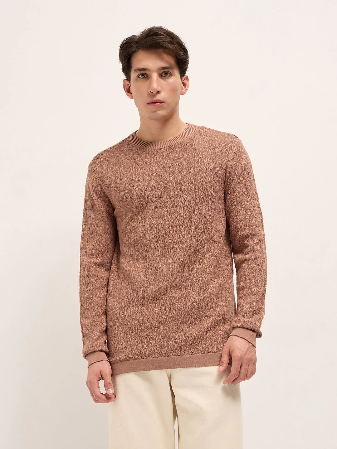 Men Peach Regular Fit Full Sleeve Flat Knit T-Shirt - Image 6