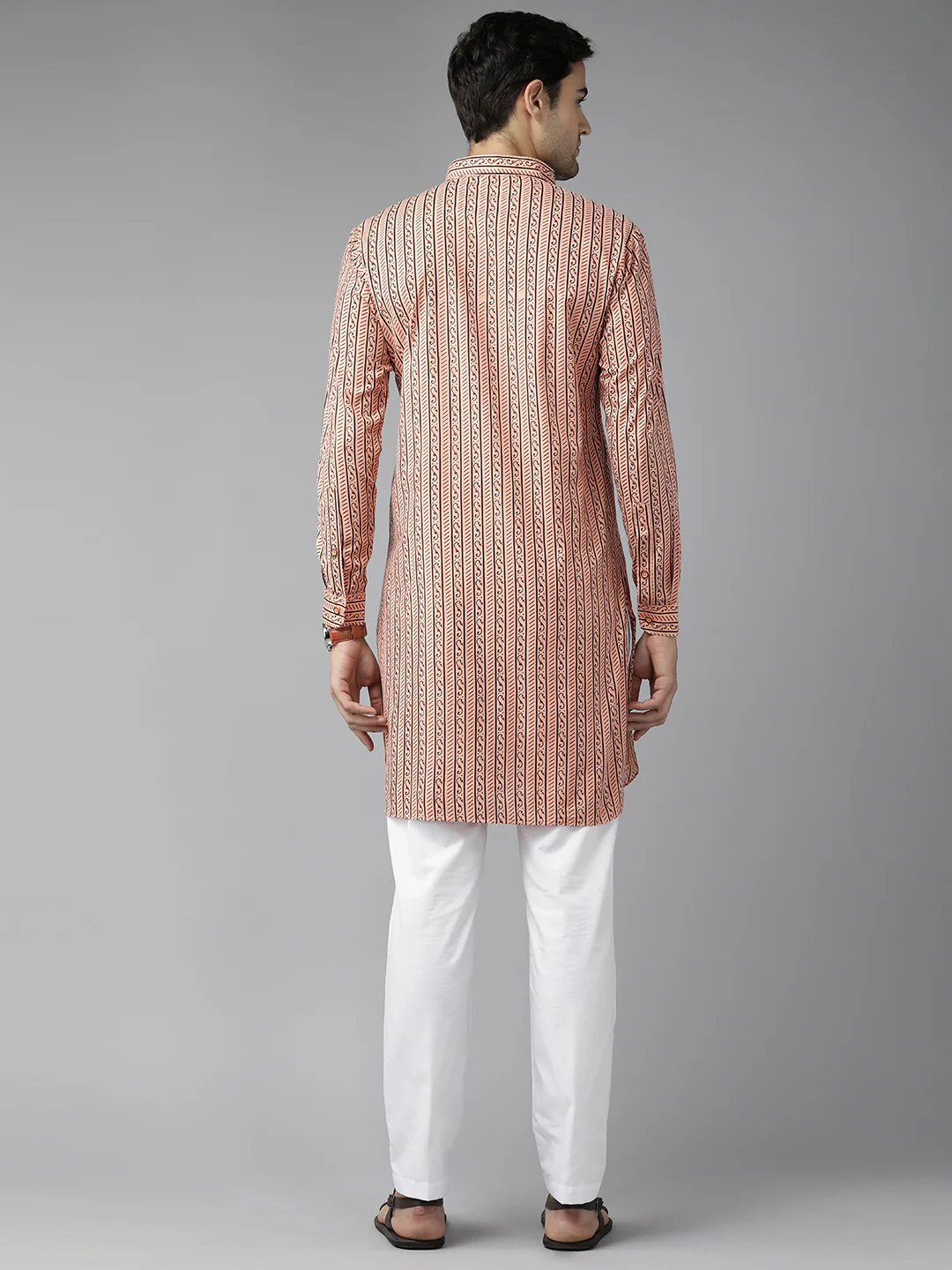 Men Peach Regular Pure Cotton Pathani Printed Men'S Kurta - Image 4