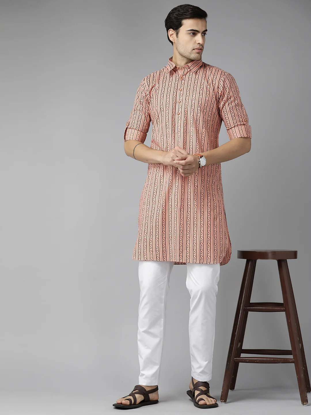 Men Peach Regular Pure Cotton Pathani Printed Men'S Kurta - Image 5